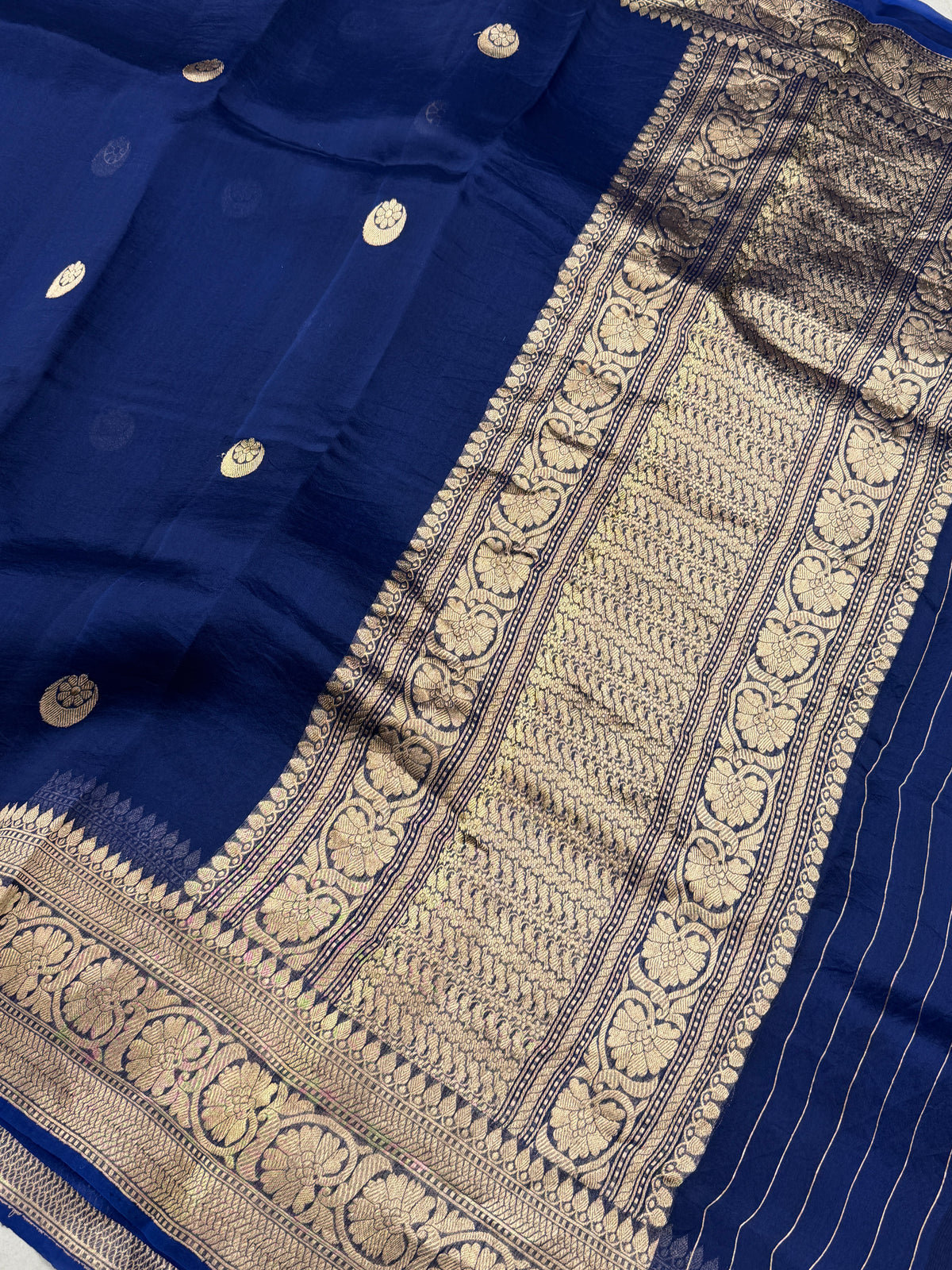 Blue Chand Buttis Handloom Banarasi Kora Silk Saree