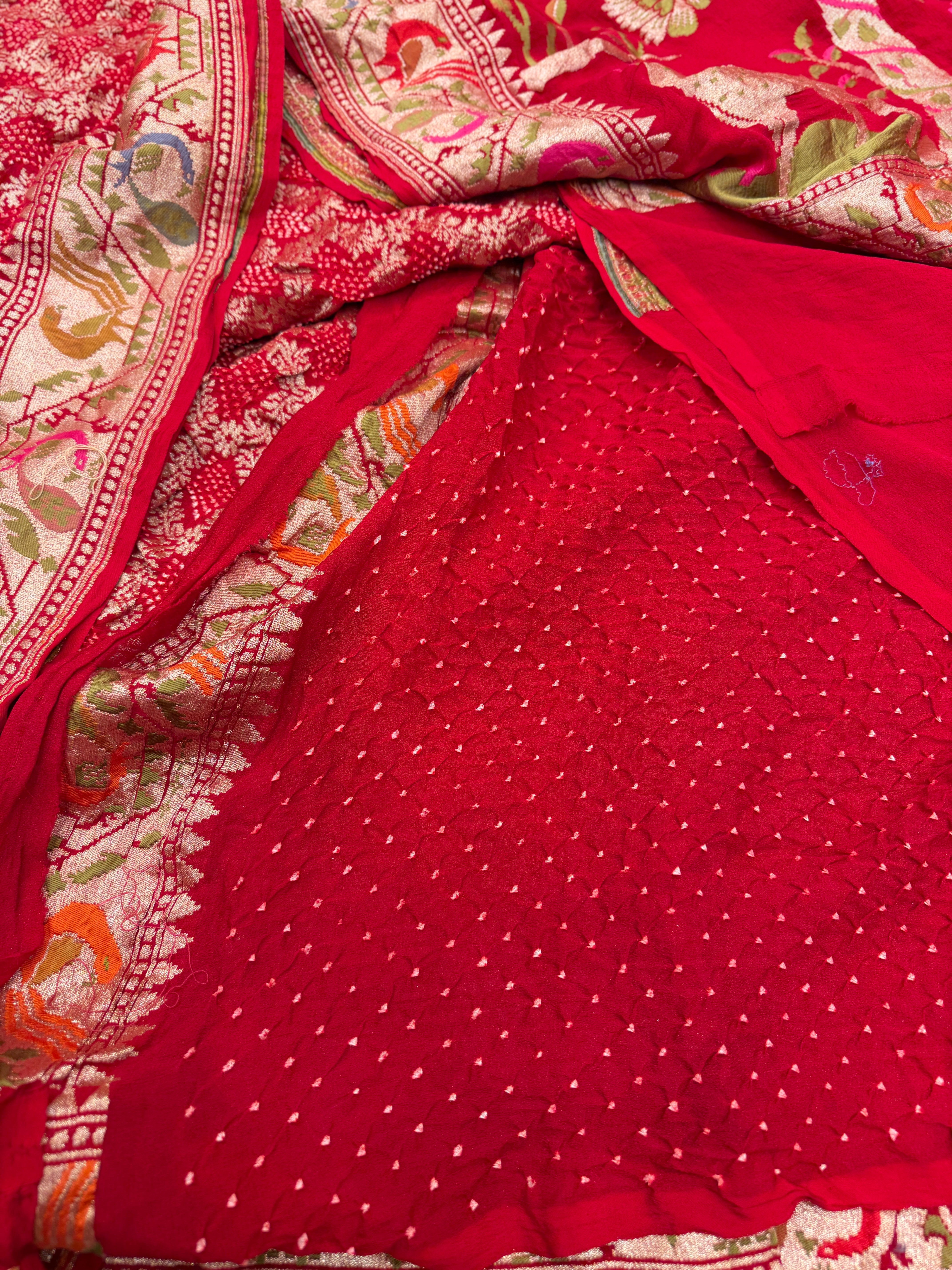 Red Meenakari Border Paithani Style Pure Handloom Bandhej Georgette Saree