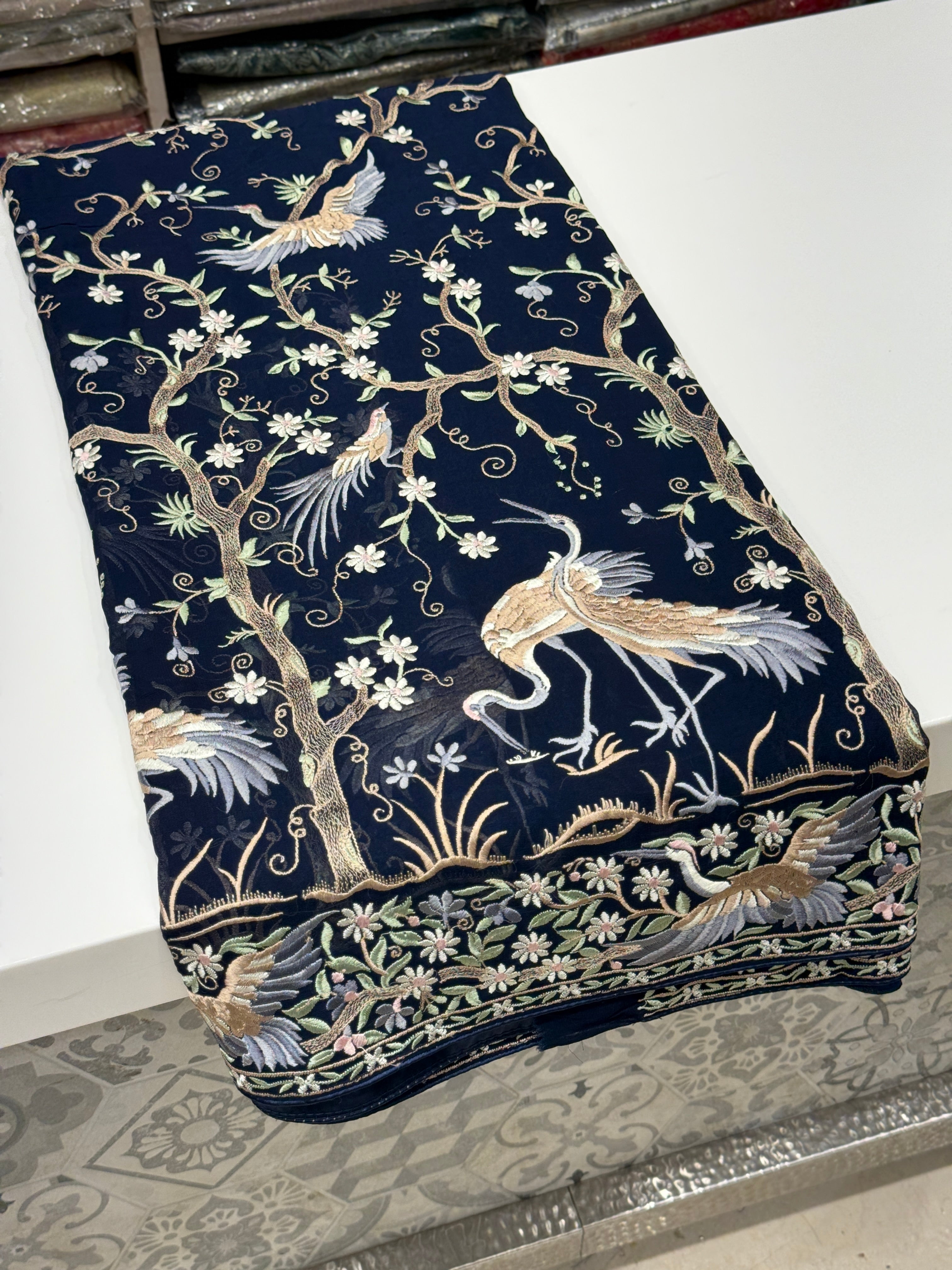 Blue Tree Of Life Flamingo Parsi Gara Saree