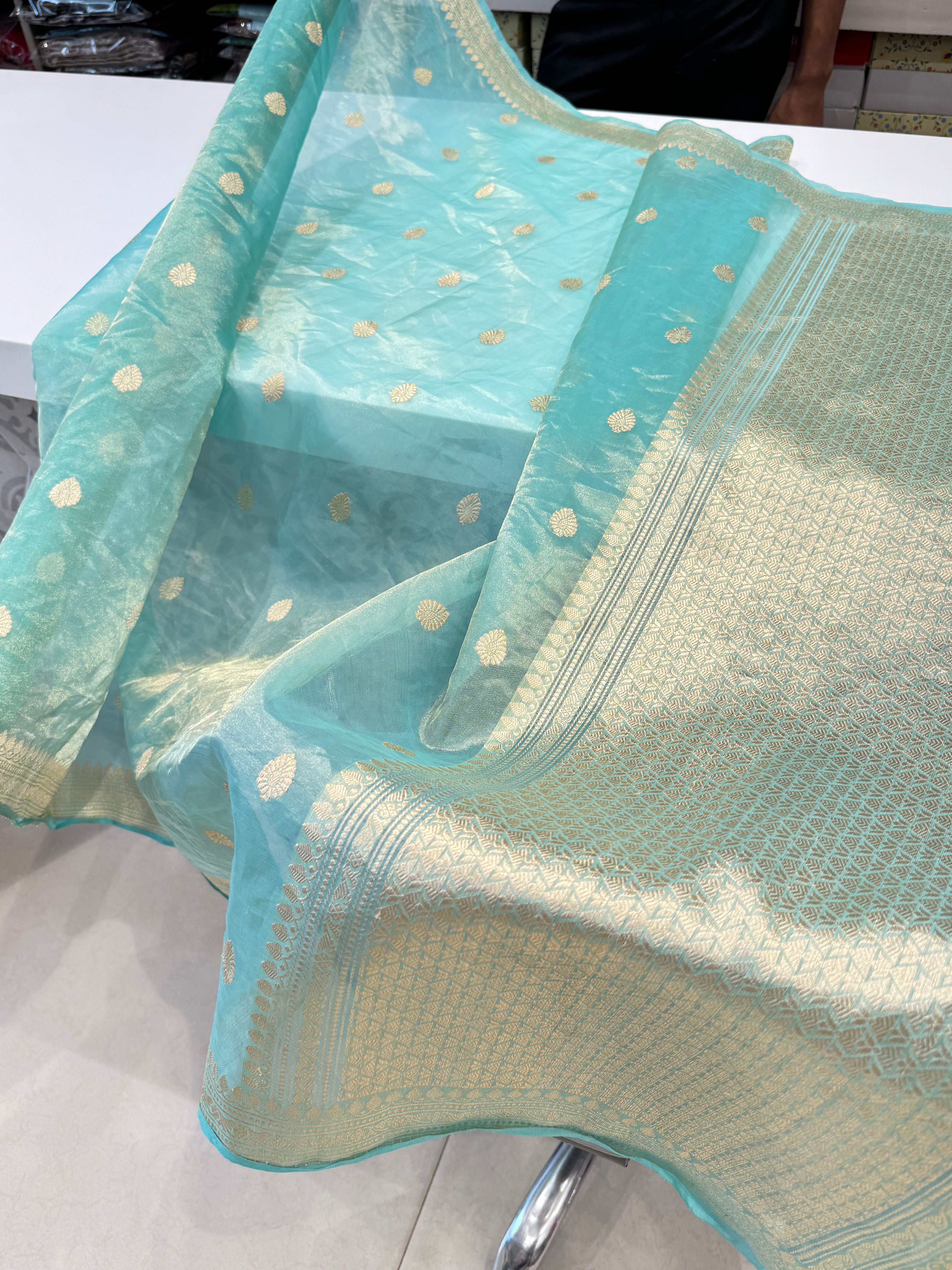 Sea Green Handloom Banarasi Tissue Kadwa Saree