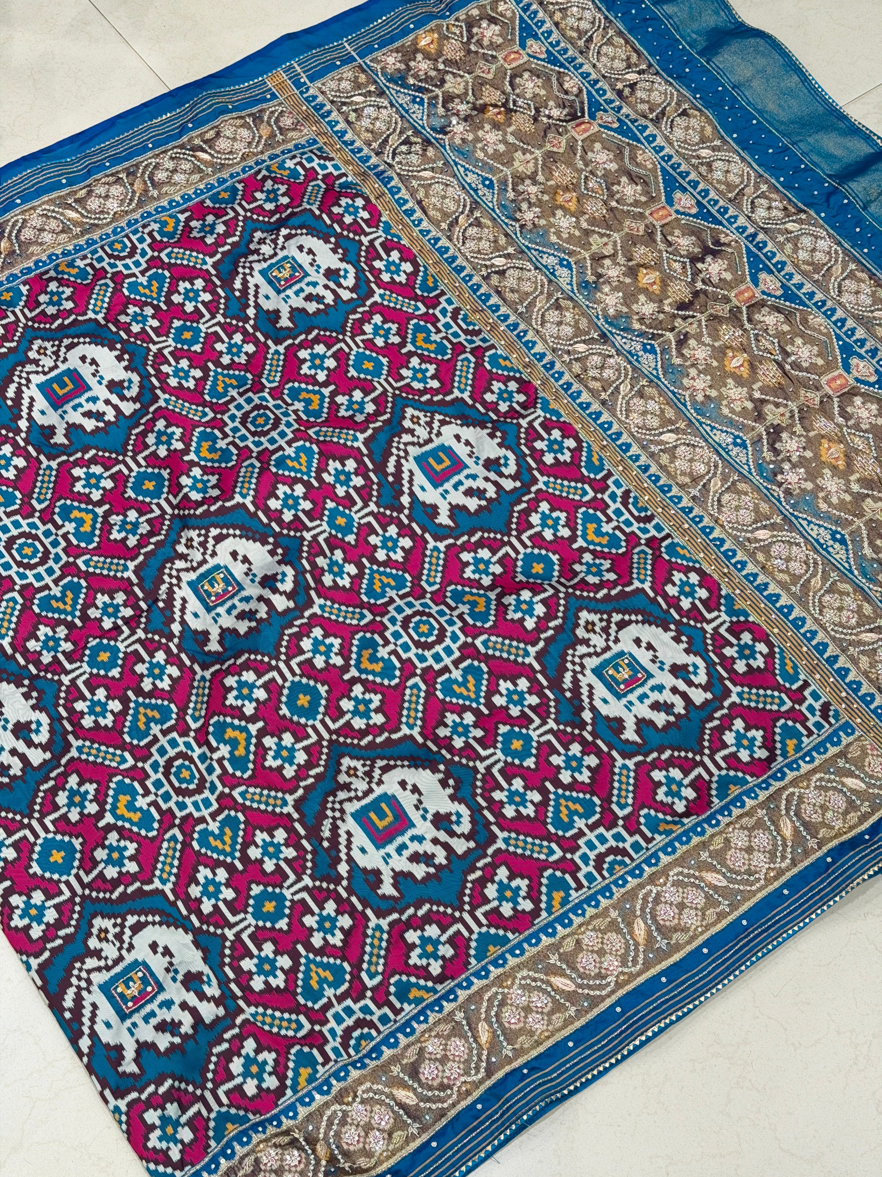 Blue Rani Chabdi Elephant Patola Hand Embroidery Saree