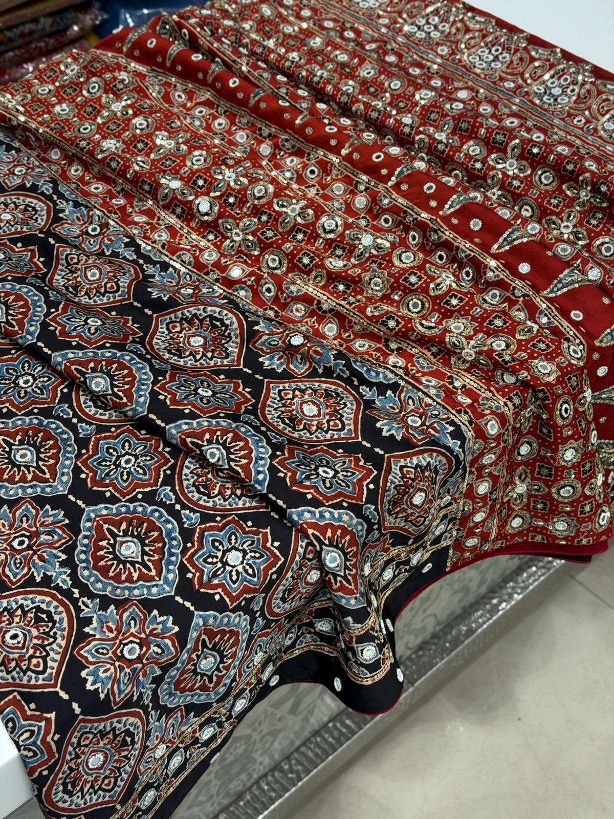 Black Red Badam Jaal Ajrakh Real Mirror Moti Sequin Hand Embroidery Saree