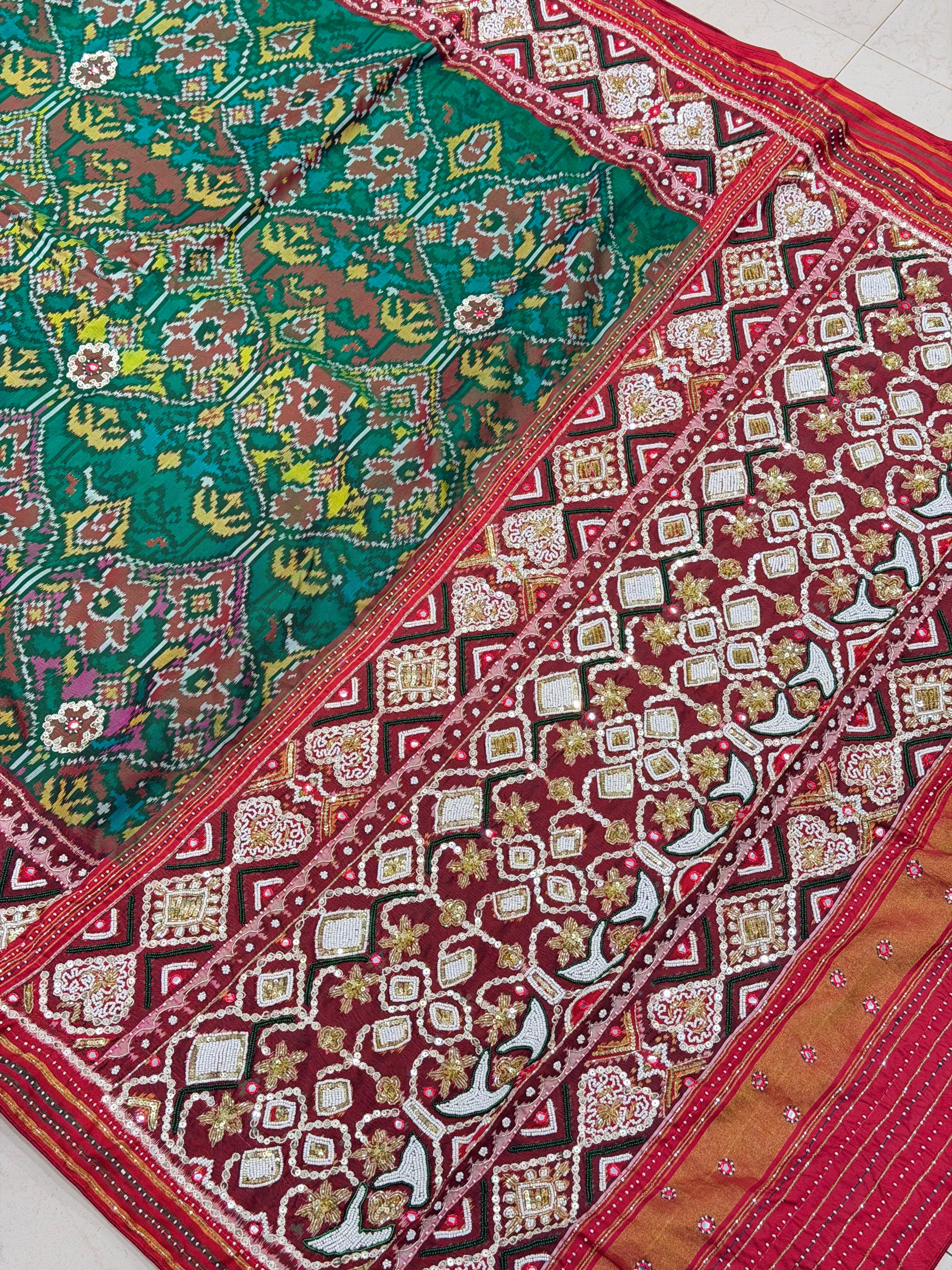 Green Patan Patola Hand Embroidery Kidiya Moti Zardosi Saree