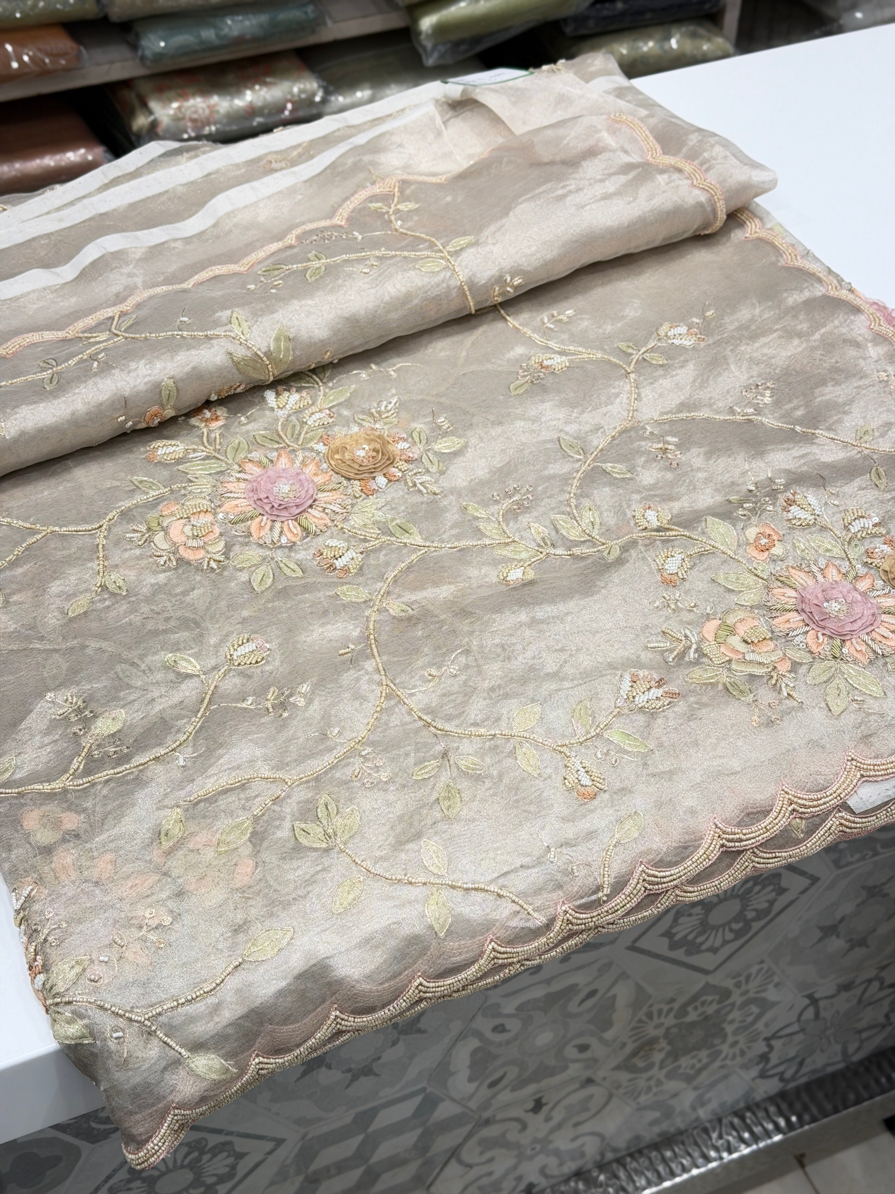 Silver Tissue Three D Zardosi Pita Hand Embroidery Moti Saree
