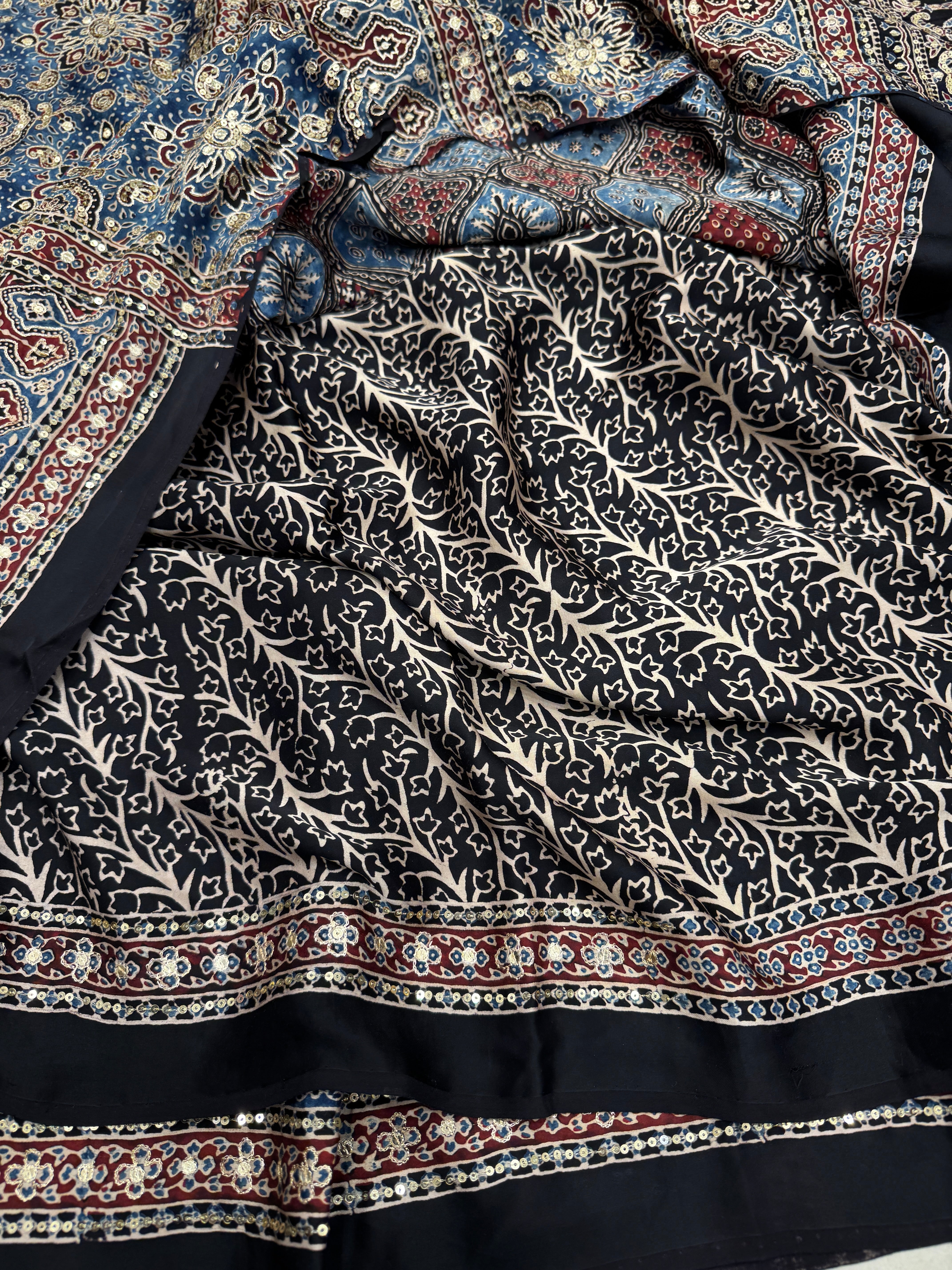 Blue Badam Abstract Jaal Pita Sequin Ajrakh Hand Embroidery Saree