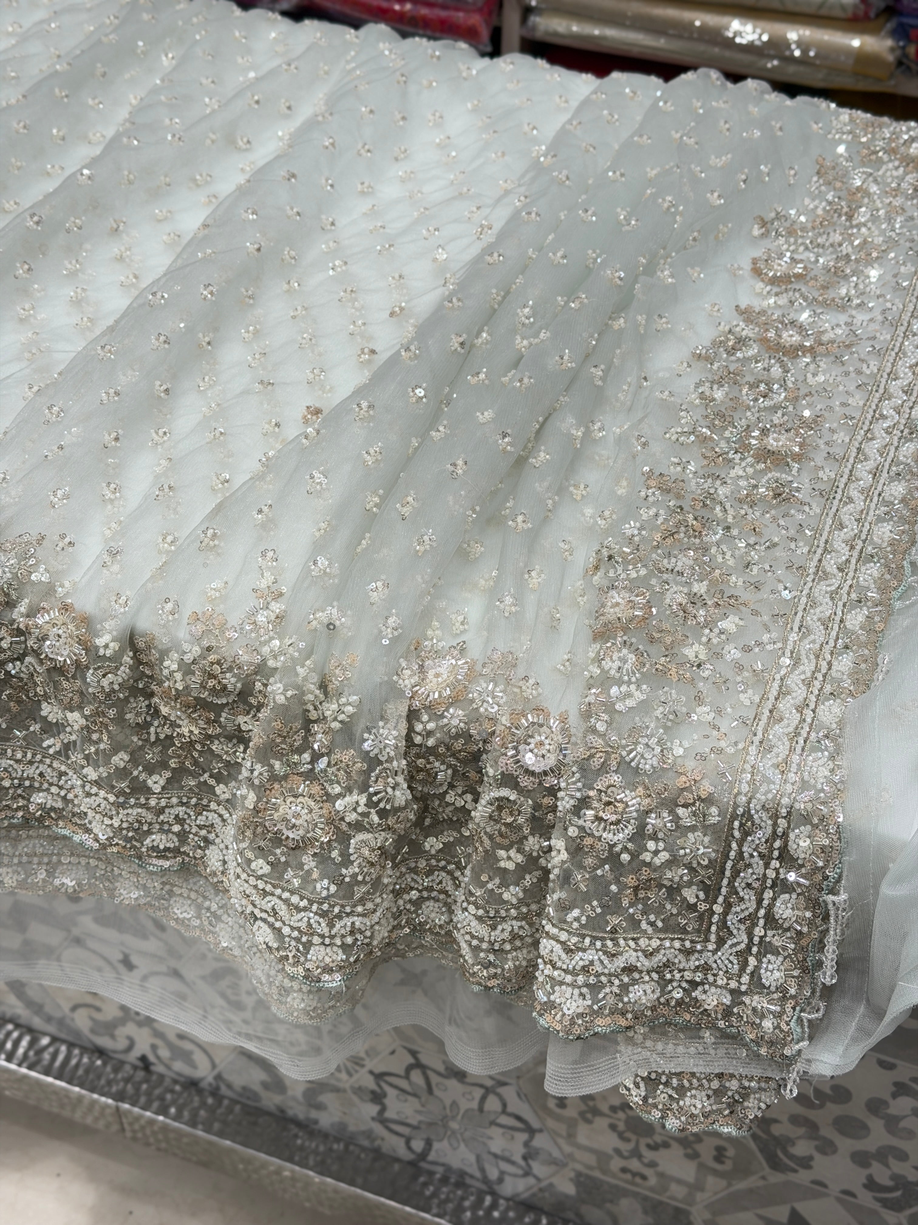 Light Blue Buttis Heavy Blouse Soft Net Embroidery Saree