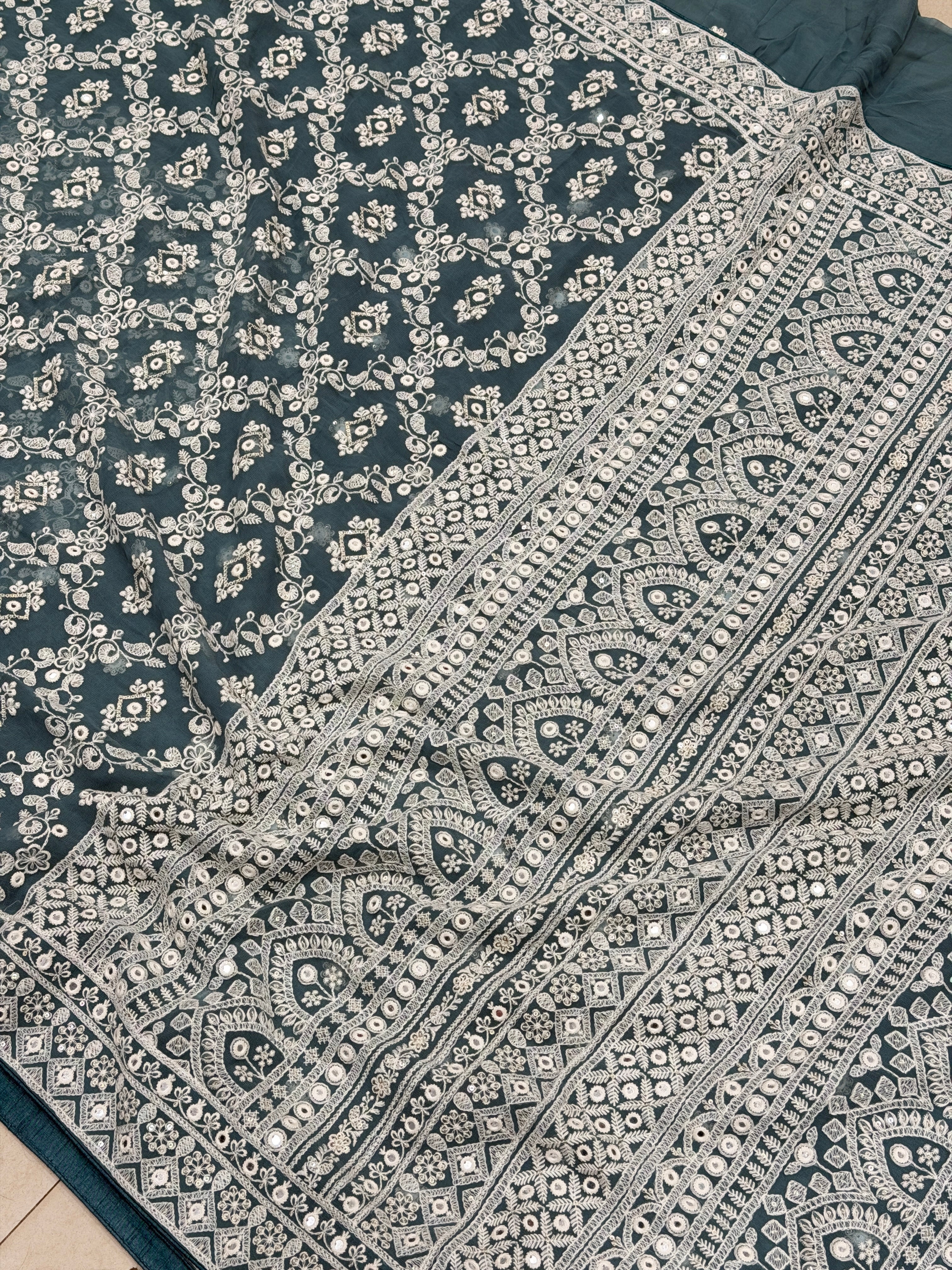 Mint Green Chikankari Jaal Georgette Resham Embroidery Saree