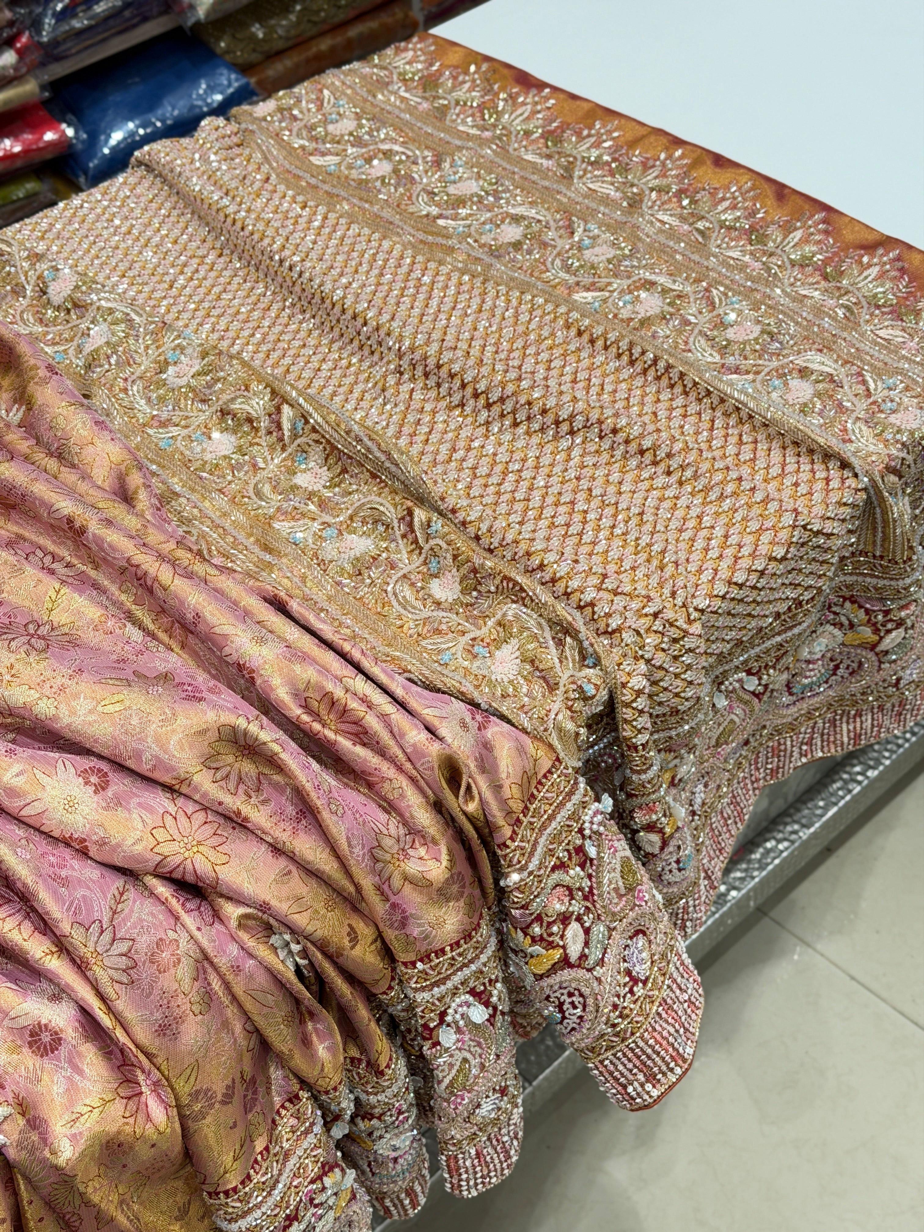 Pink Meenakari Tissue Kanjivaram Moti Zardosi Hand Embroidery Saree