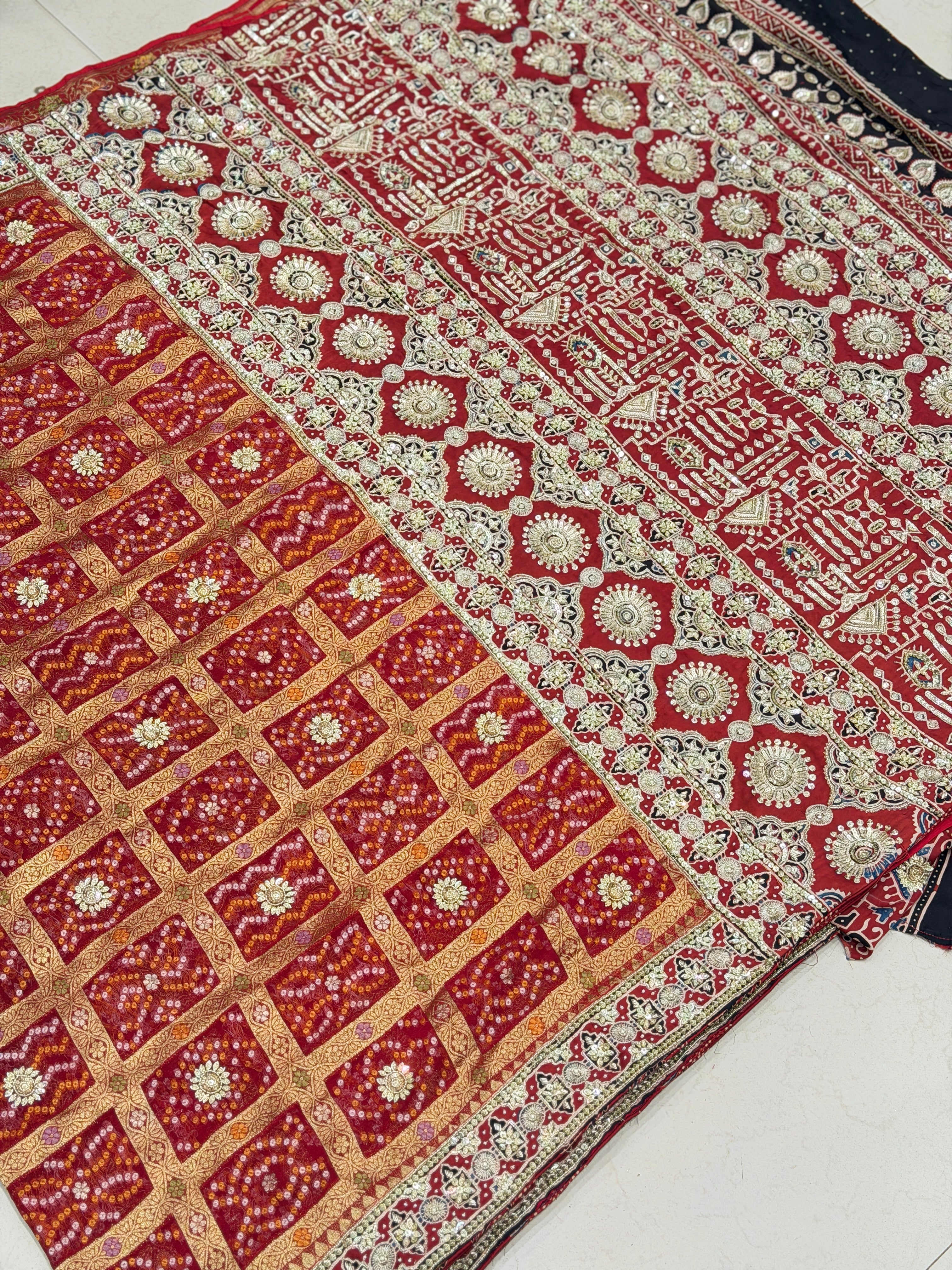 Red Gharchola Ajrakh Zardosi Pita Hand Embroidery Saree