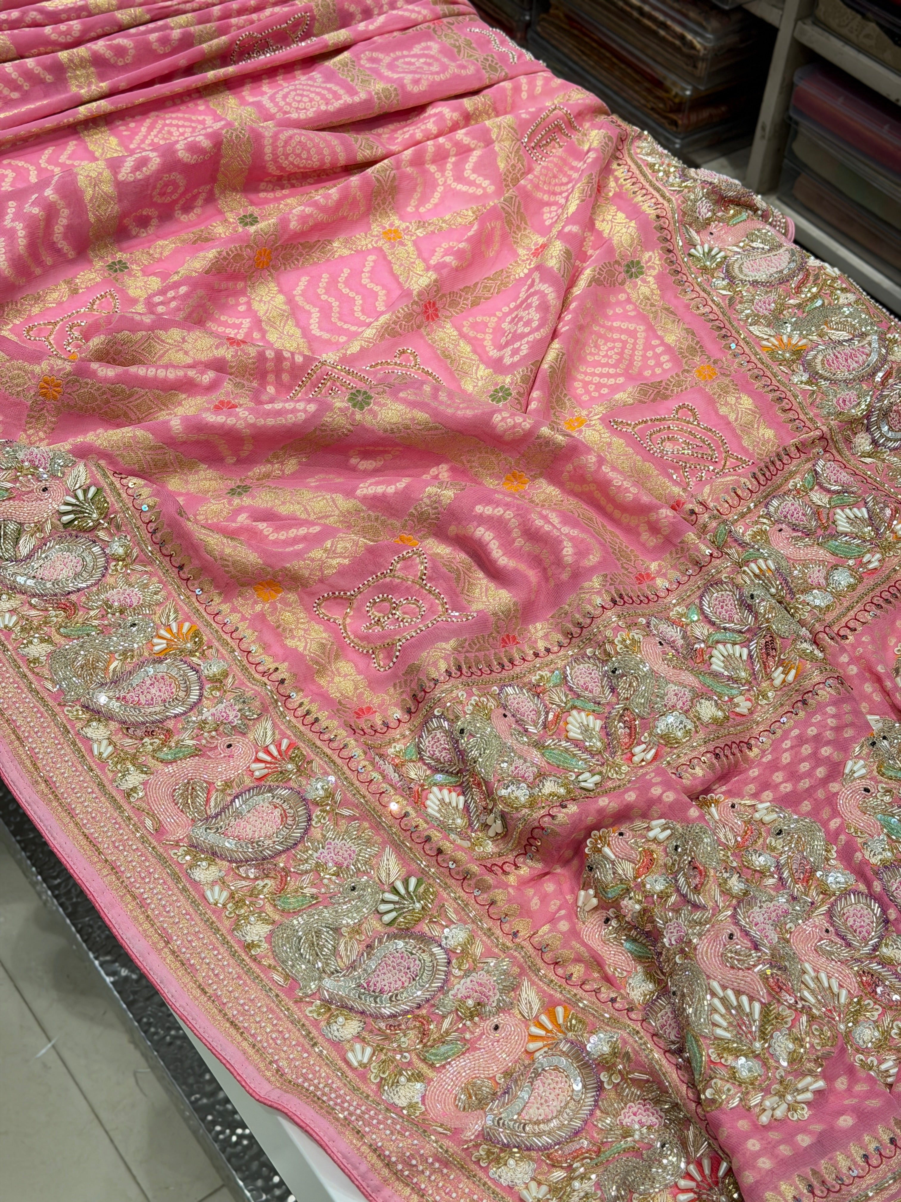 Pink Gharchola Moti Sequin Zardosi Hand Embroidery Georgette Saree