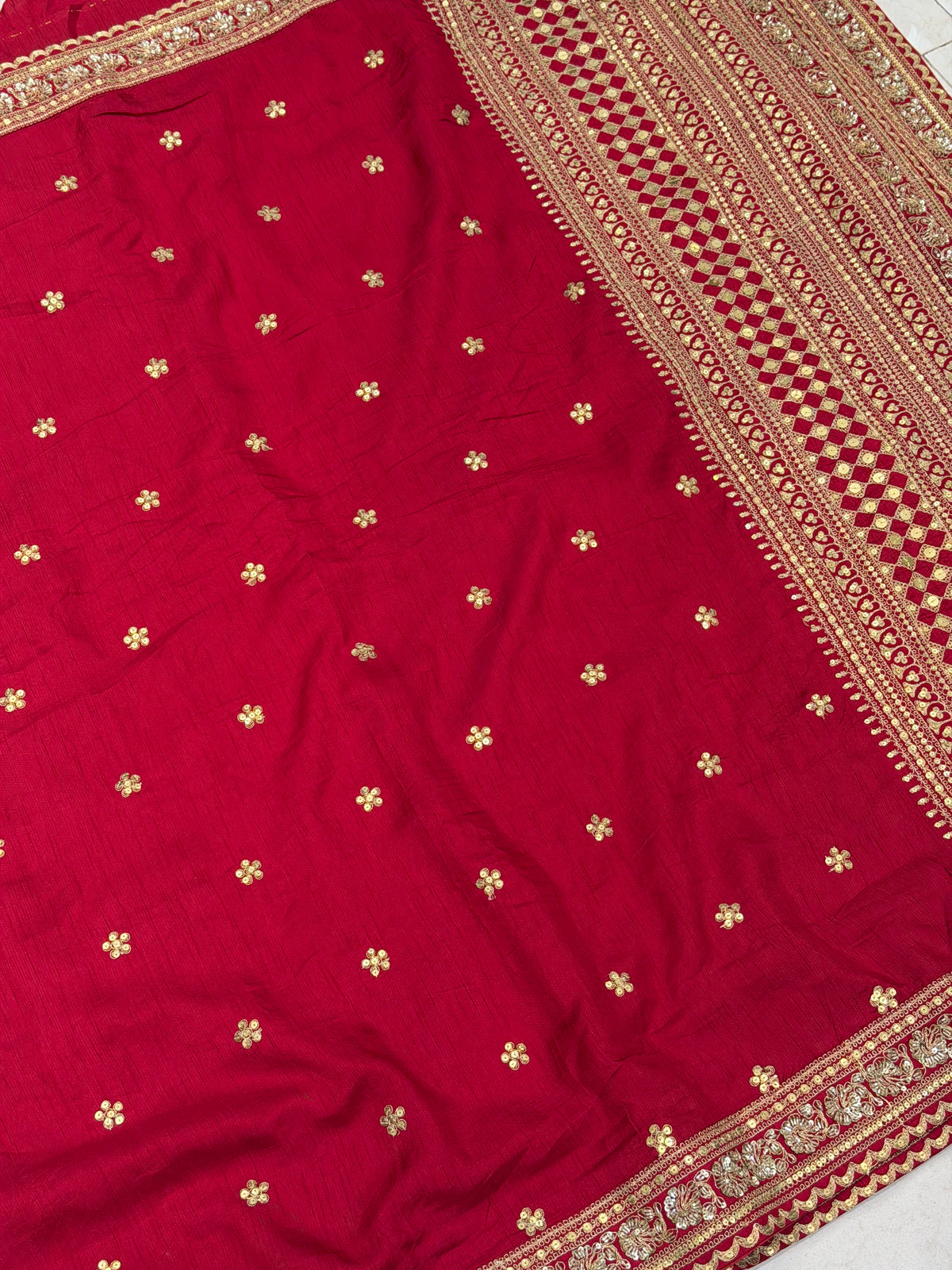 Red Heavy Pallu and Buttis Sabyasachi Inspired Marodi Embroidery Zardosi Saree