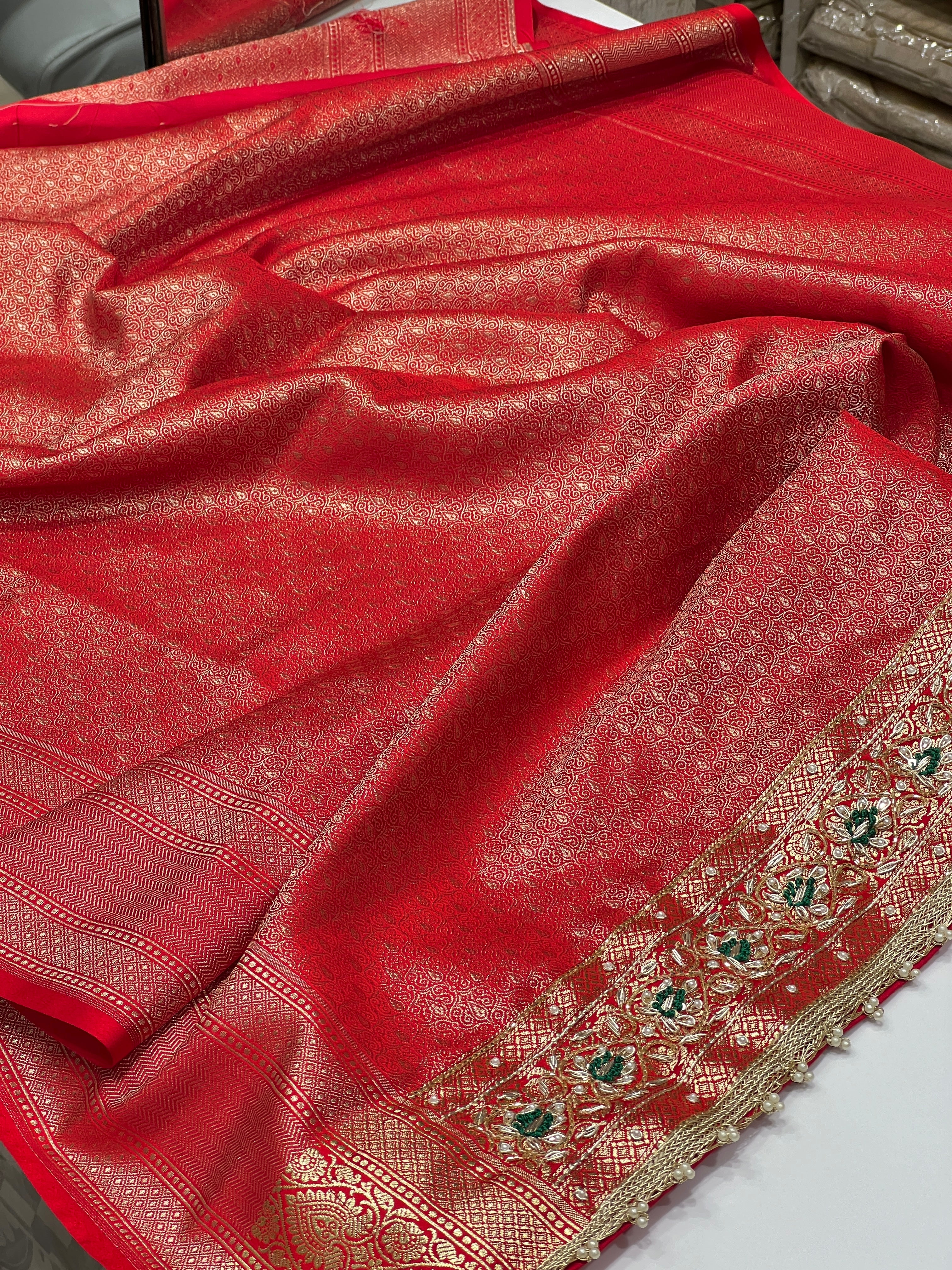 Red Banarasi Silk Contrast Resham Hand Embroidery Saree