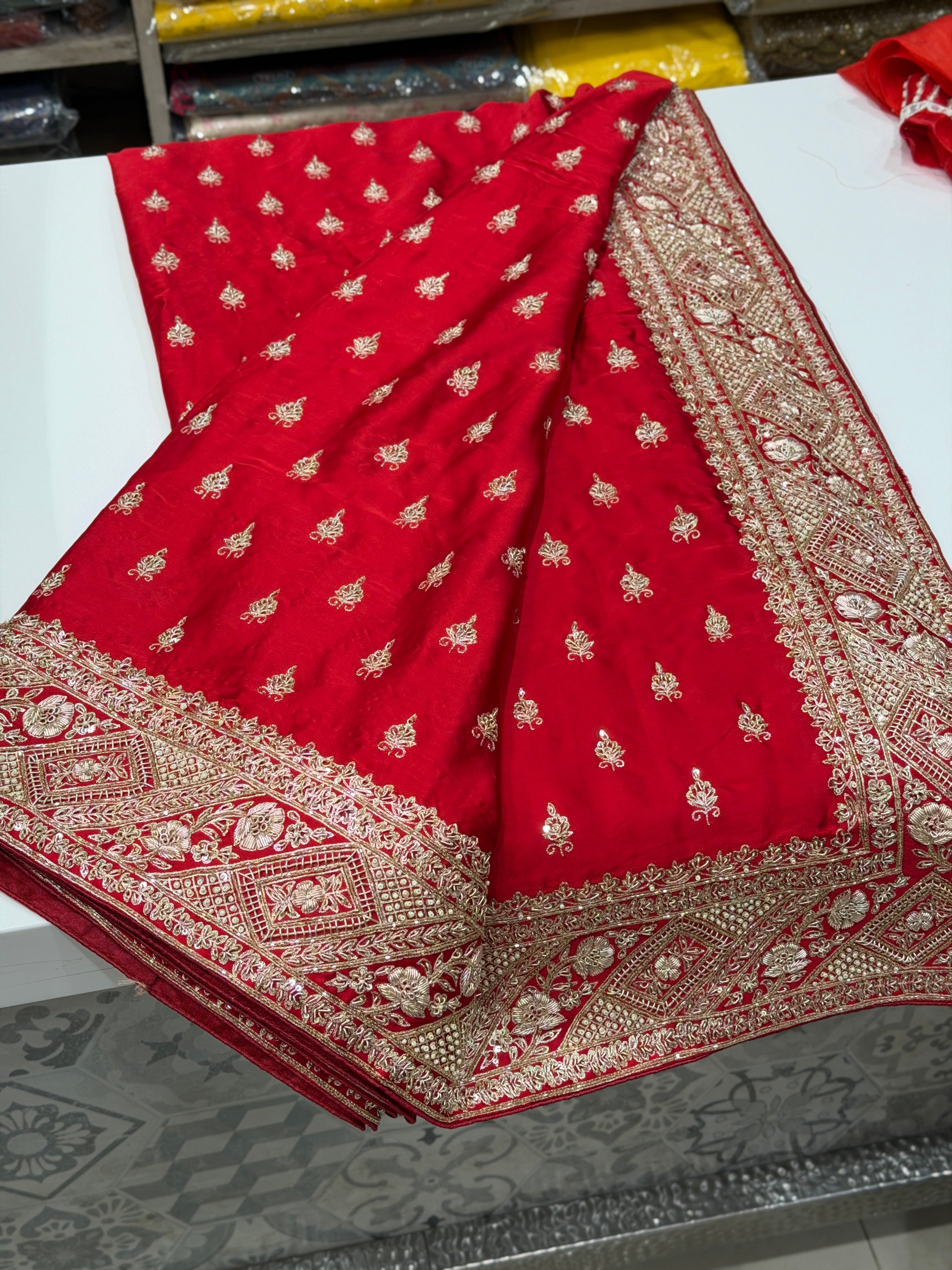 Red Hand Embroidery Buttis Pure Satin Zardosi Embroidery