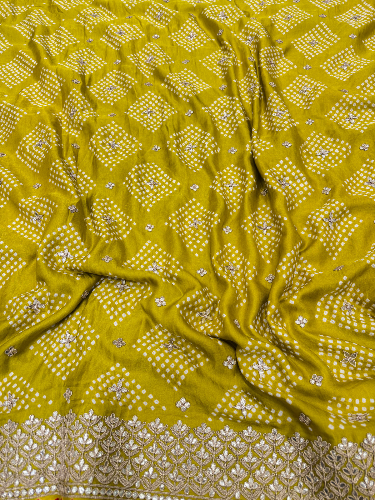 Lime Green Faabiiana Inspired Gajji Silk Rai Bandhej Gotapatti Marodi Hand Embroidery Saree