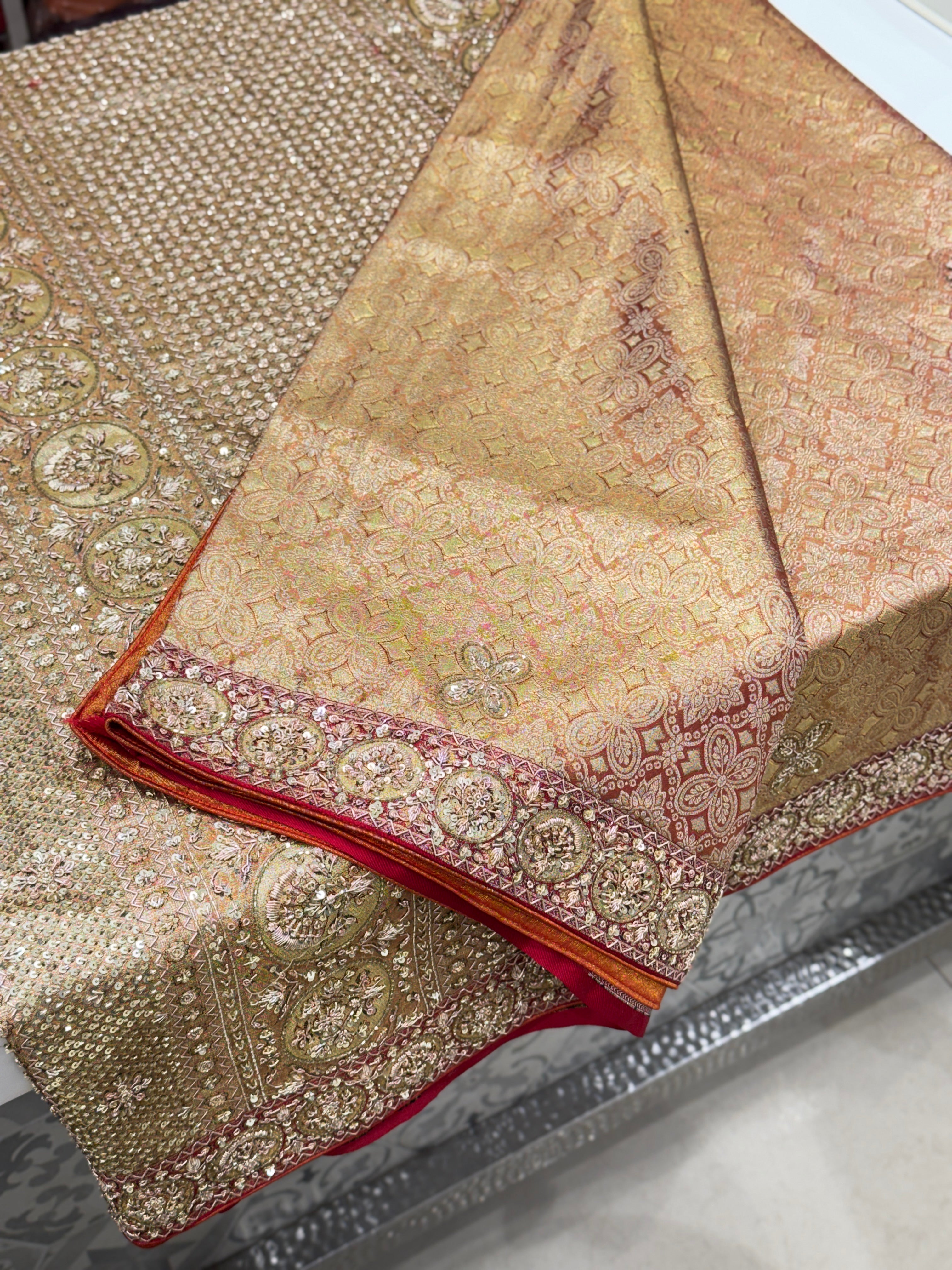 Golden Red Dhup Chav Kanjivaram Small Border Hand Embroidery Zardosi Saree
