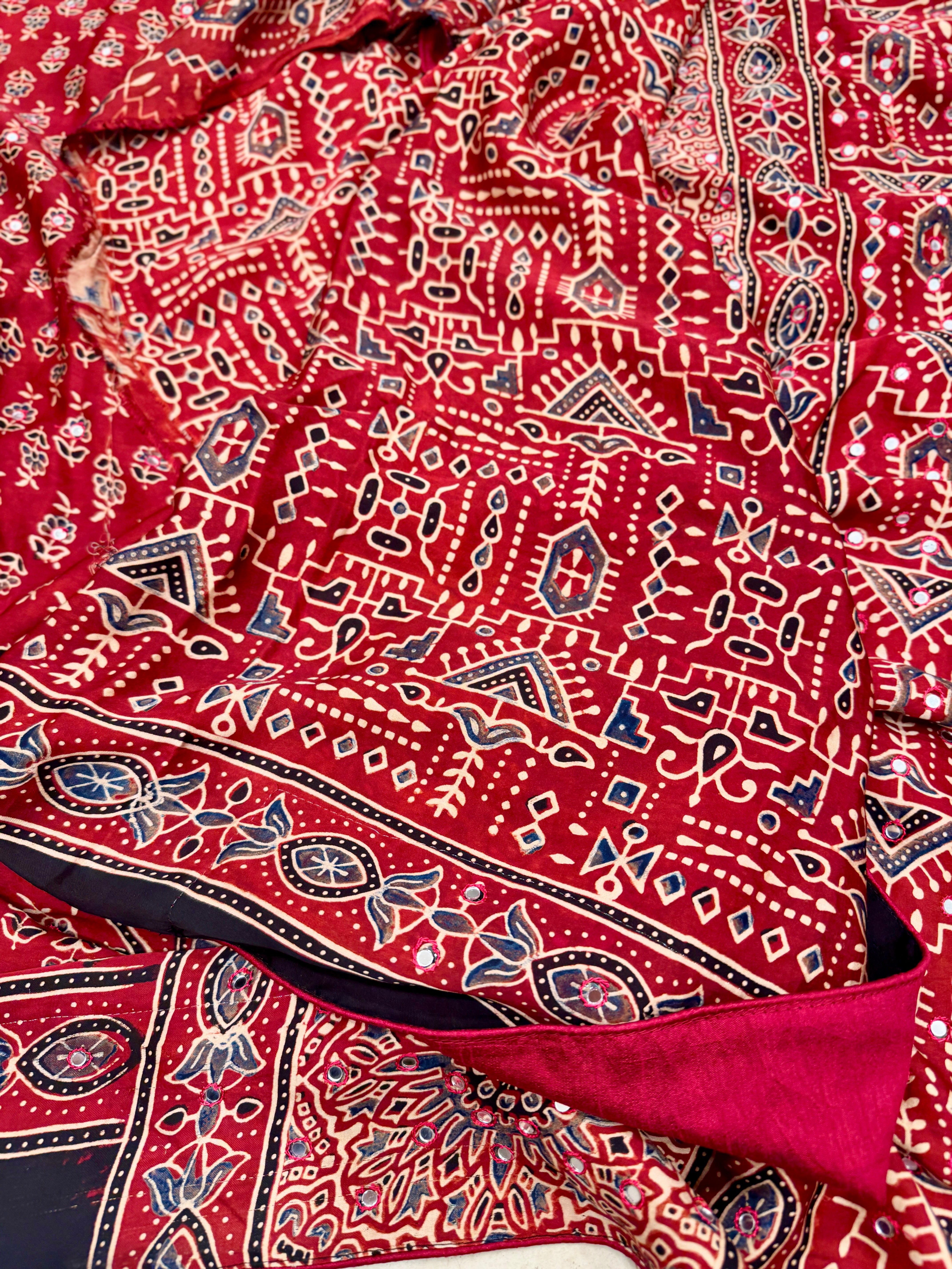 Red Butti Ajrakh Sequin Mirror Resham Hand Embroidery Saree