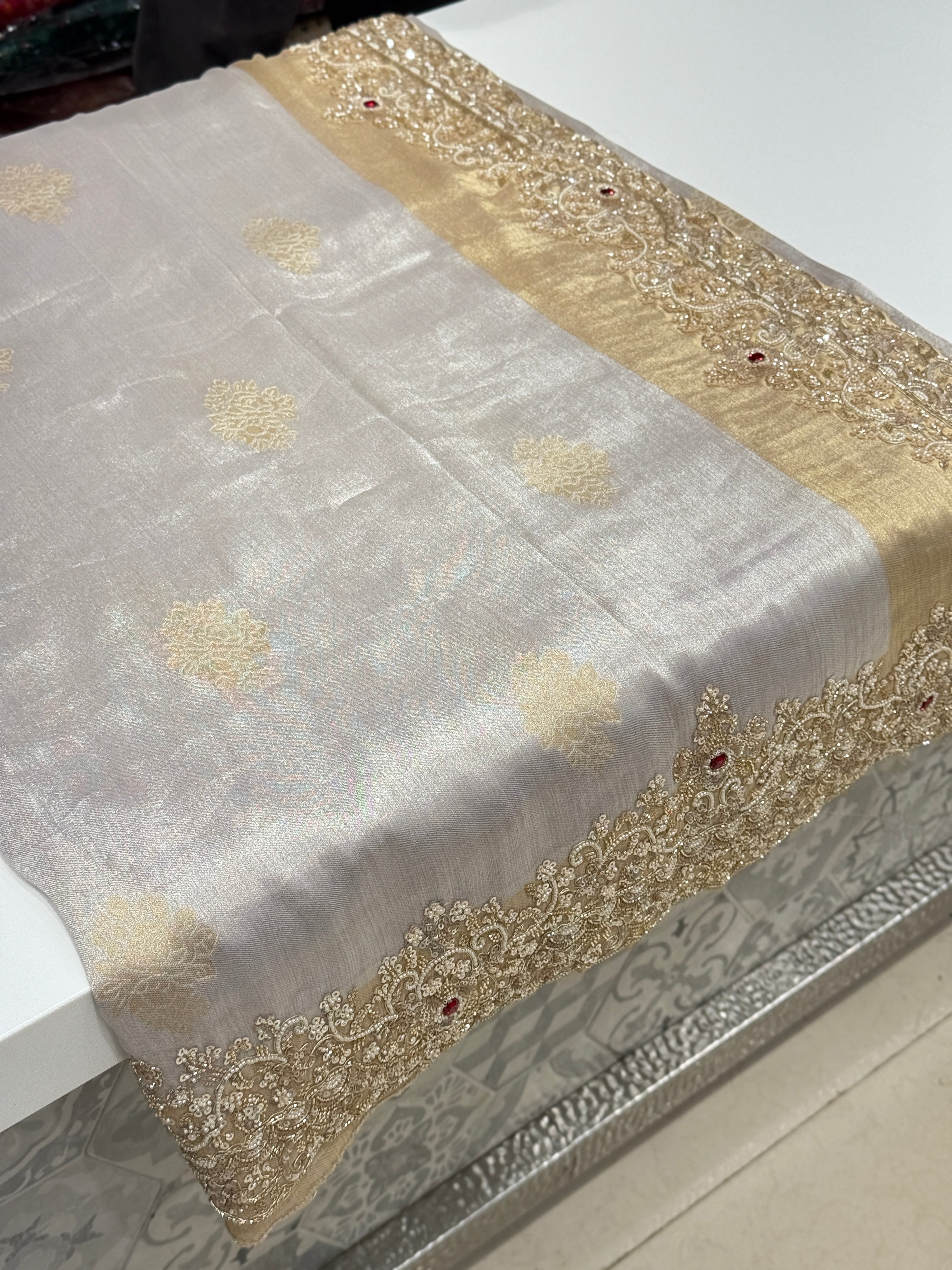 Silver Golden Tissue Moti Cutdana Embroidery Saree