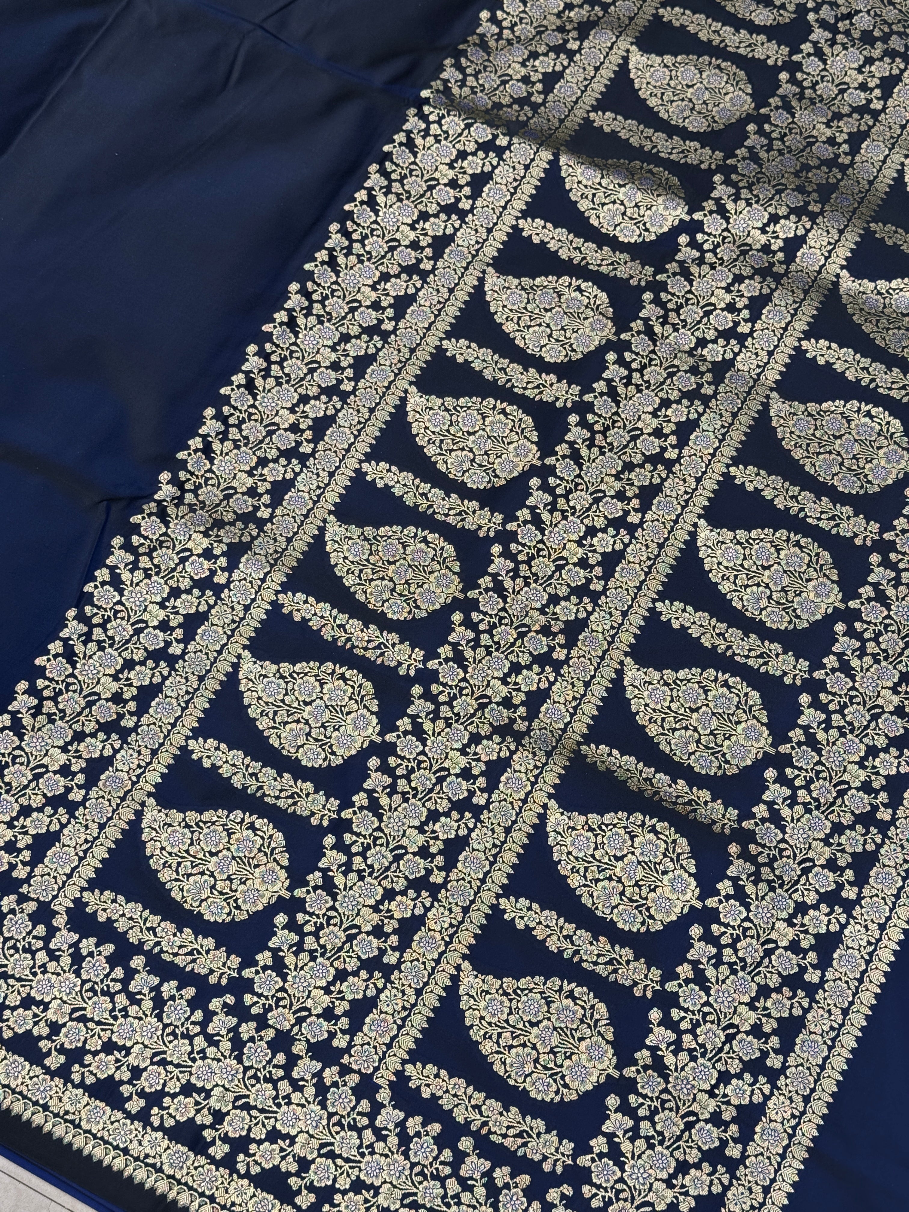 Blue Dhup Chav Banarasi Silk Plain Floral Border Saree