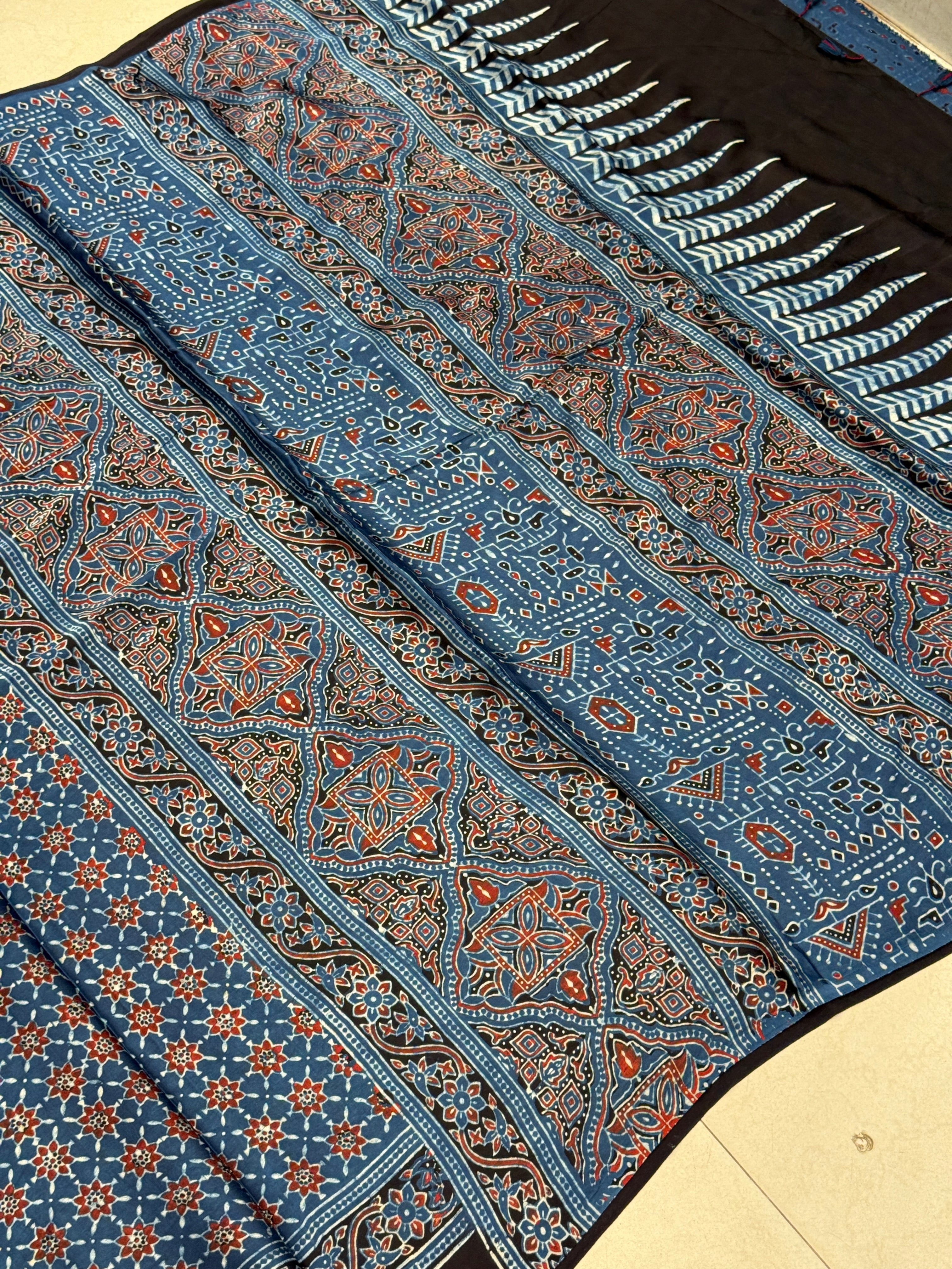 Blue Star Butti Ajrakh Hand Block Print Pure Gajji Silk Saree