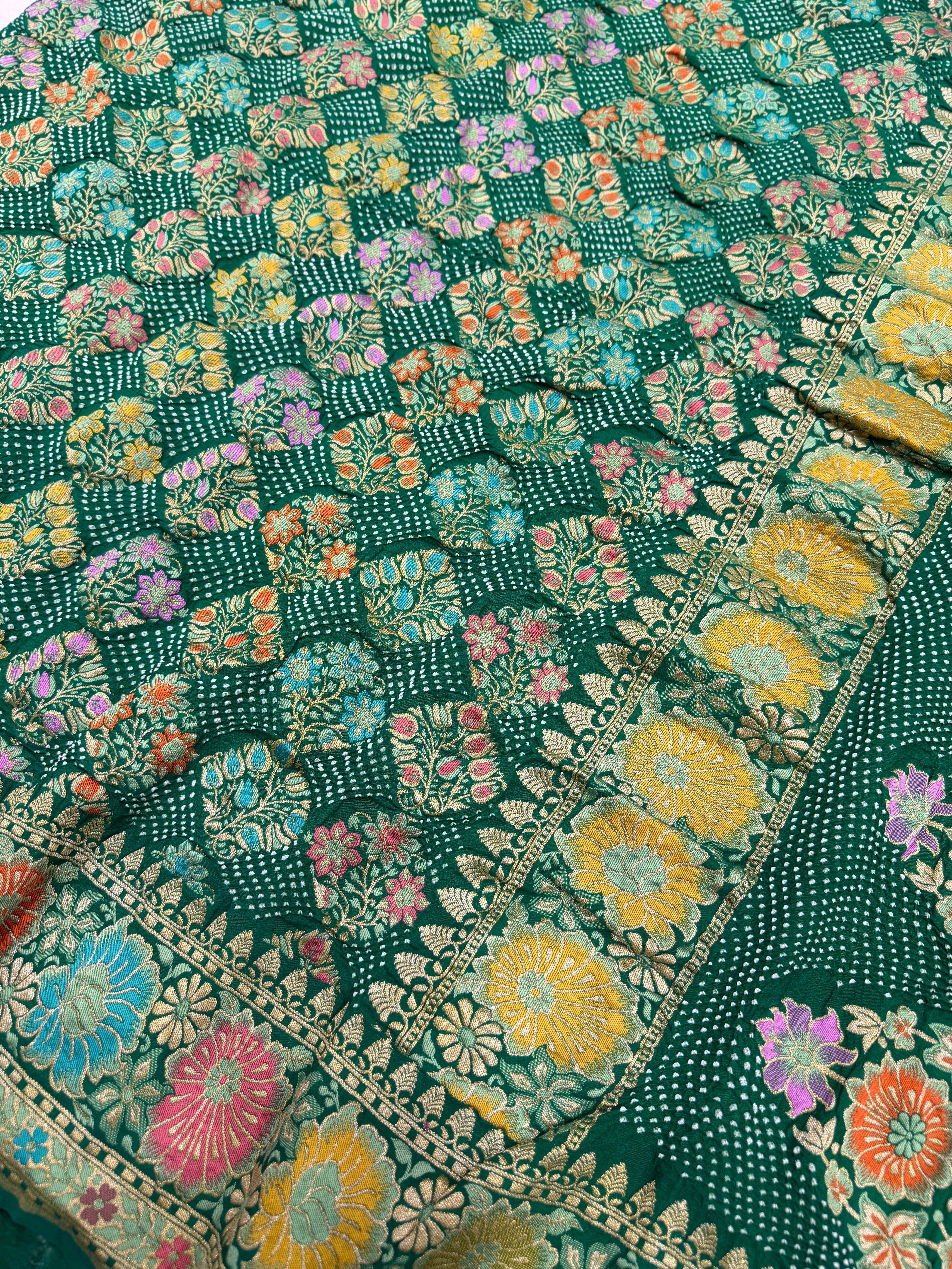 Bottle Green Meenakari Rai Bandhej Floral Butta Saree