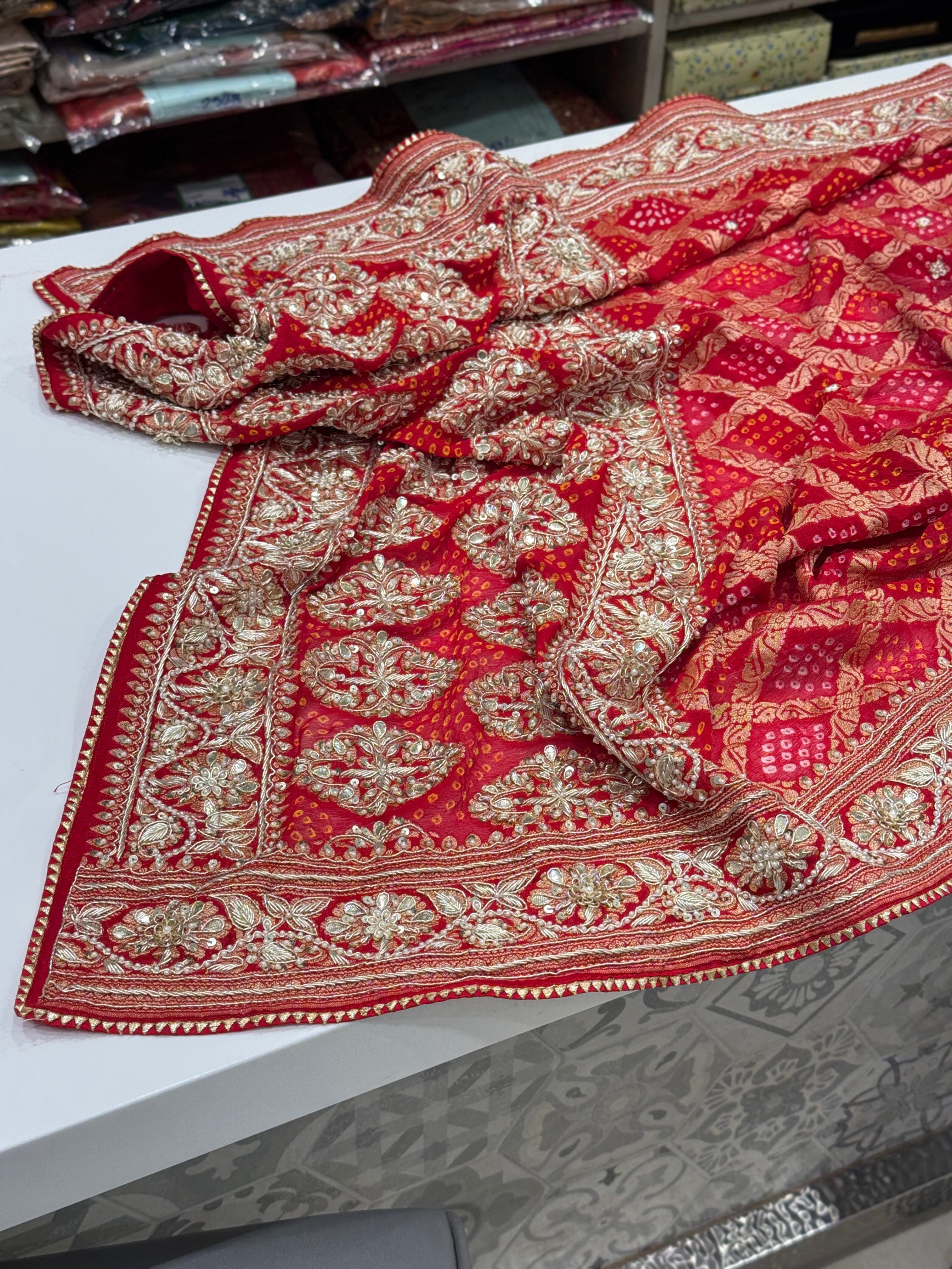 Red Hand Embroidery Bandhej Dupatta