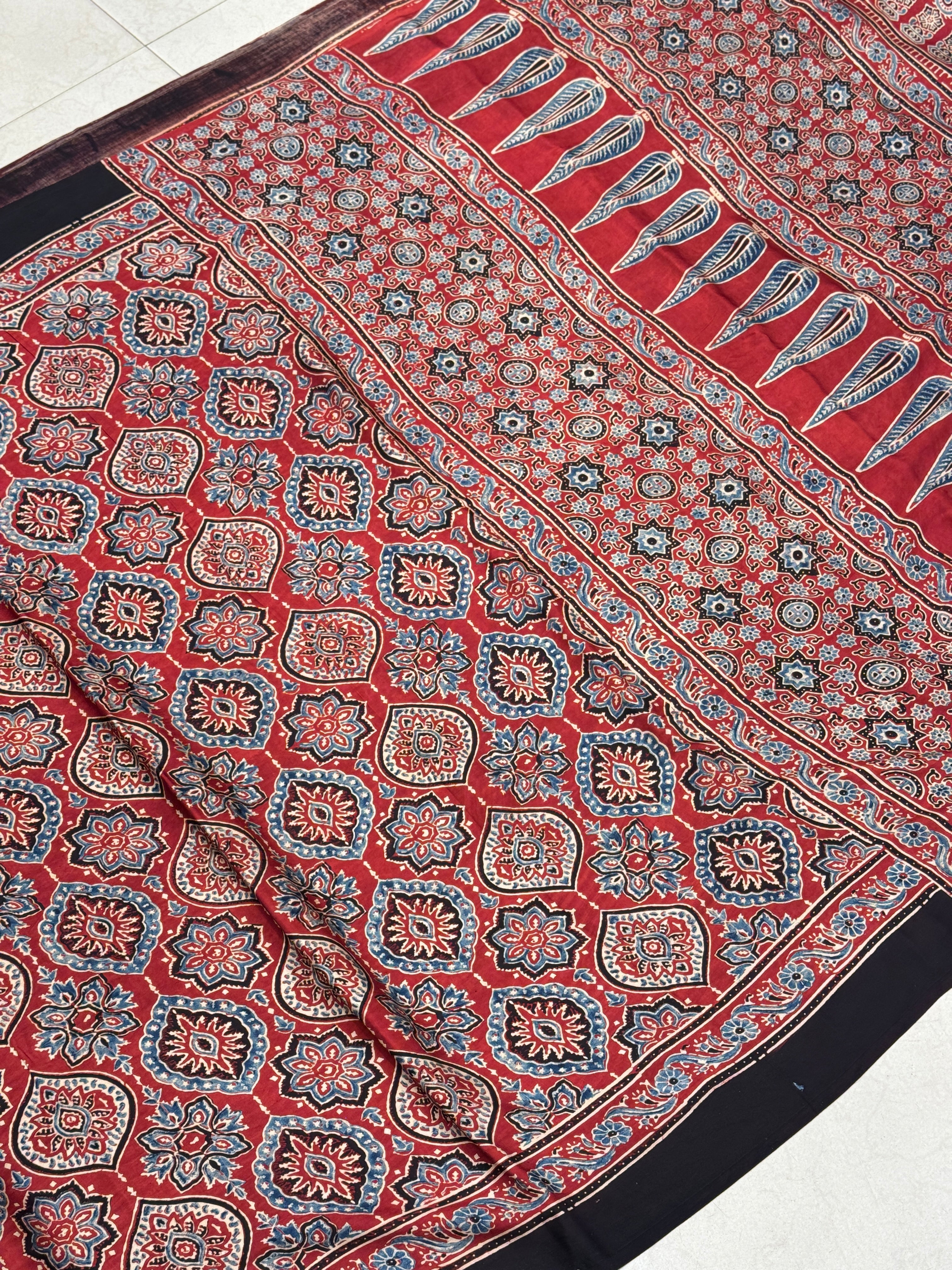 Red Jewelled Badam Butti Ajrakh Gajji Hand Block Print Saree