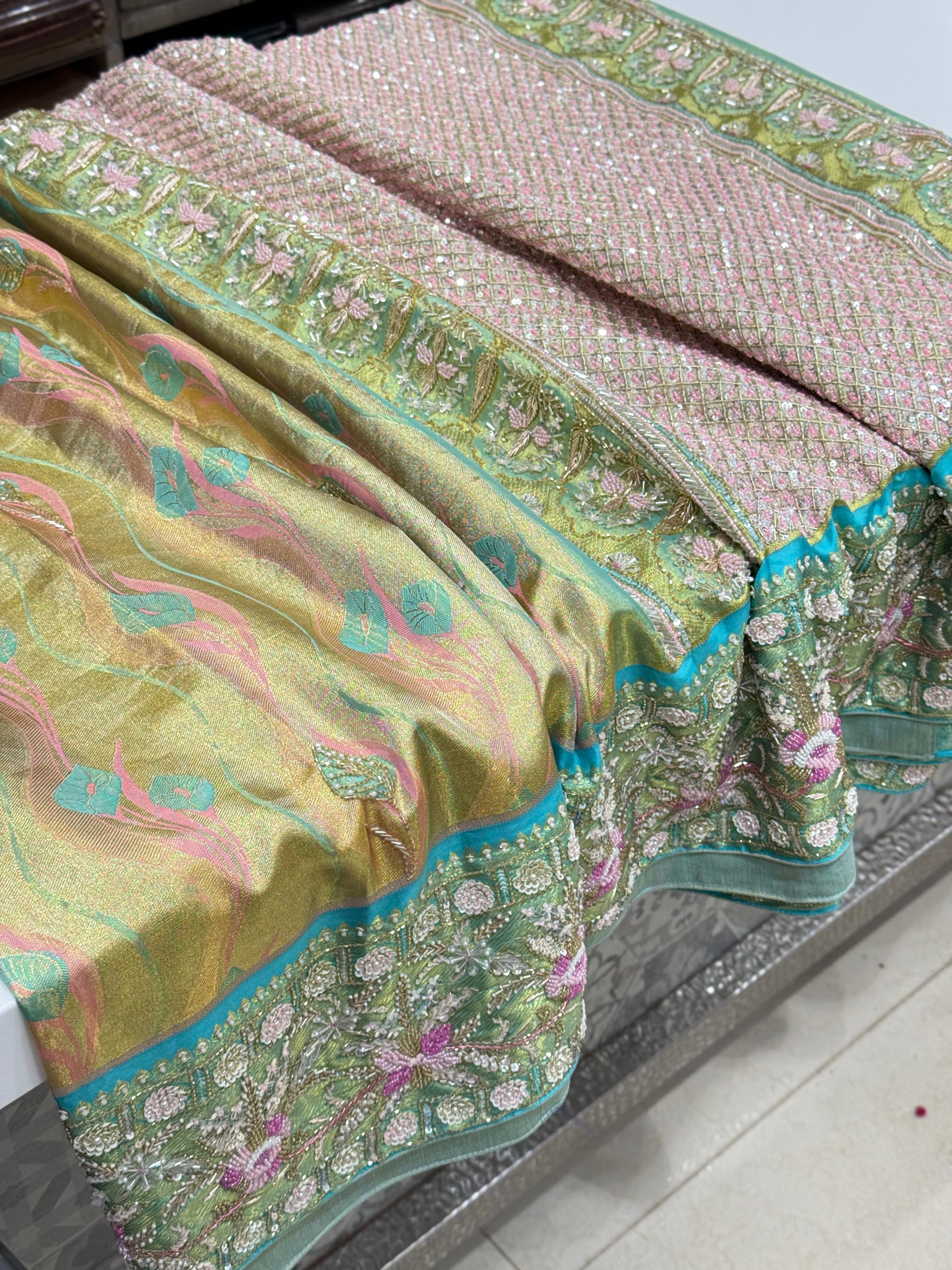 Green Meenakari Tissue Kanjivaram Hand Embroidery Saree