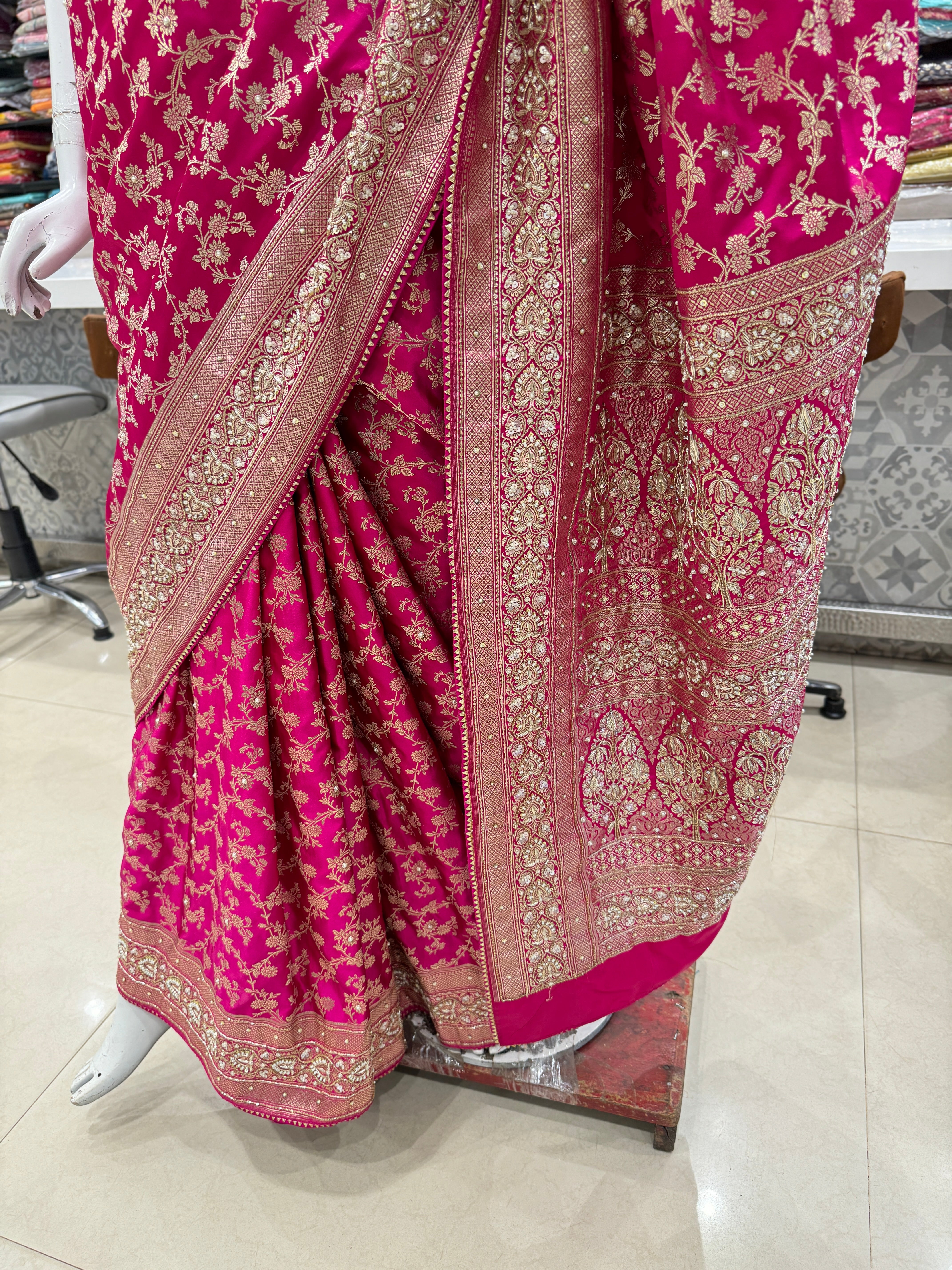 Rani Banarasi Hand Zardosi Moti Embroidery