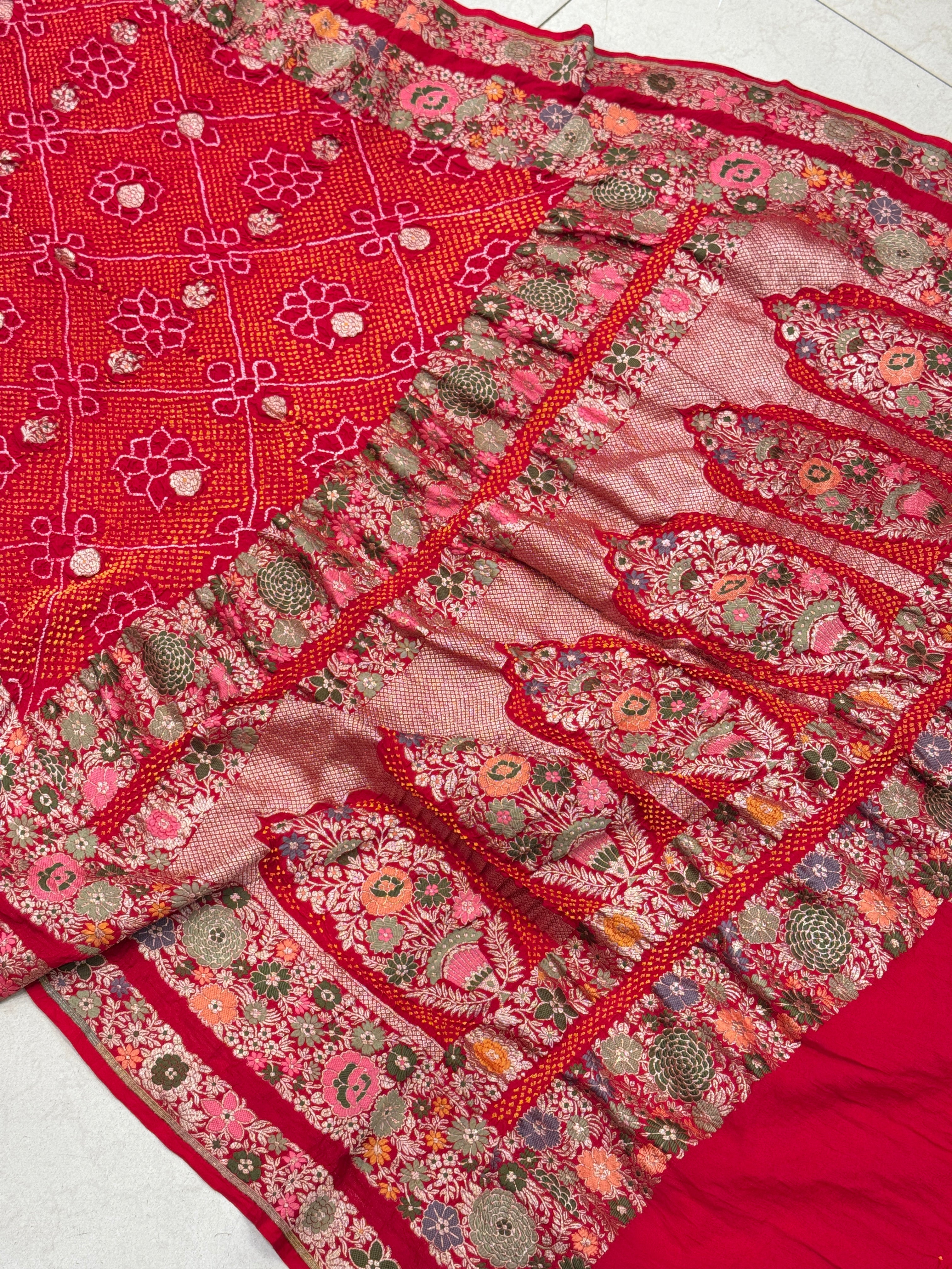 Red Meenakari Handloom Bandhej Bandhini Saree