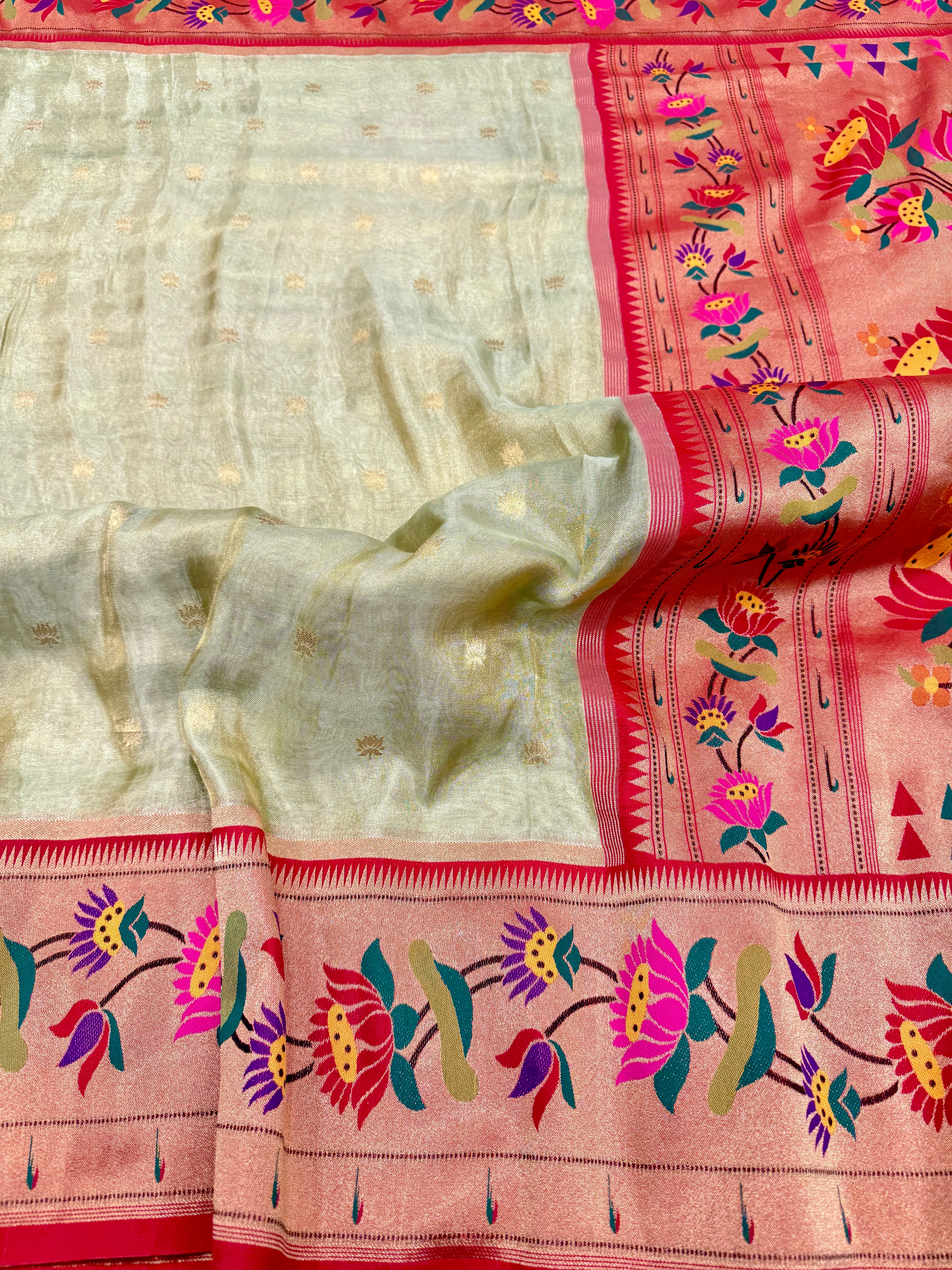 Pista Green Tissue Paithani Lotus Border Saree