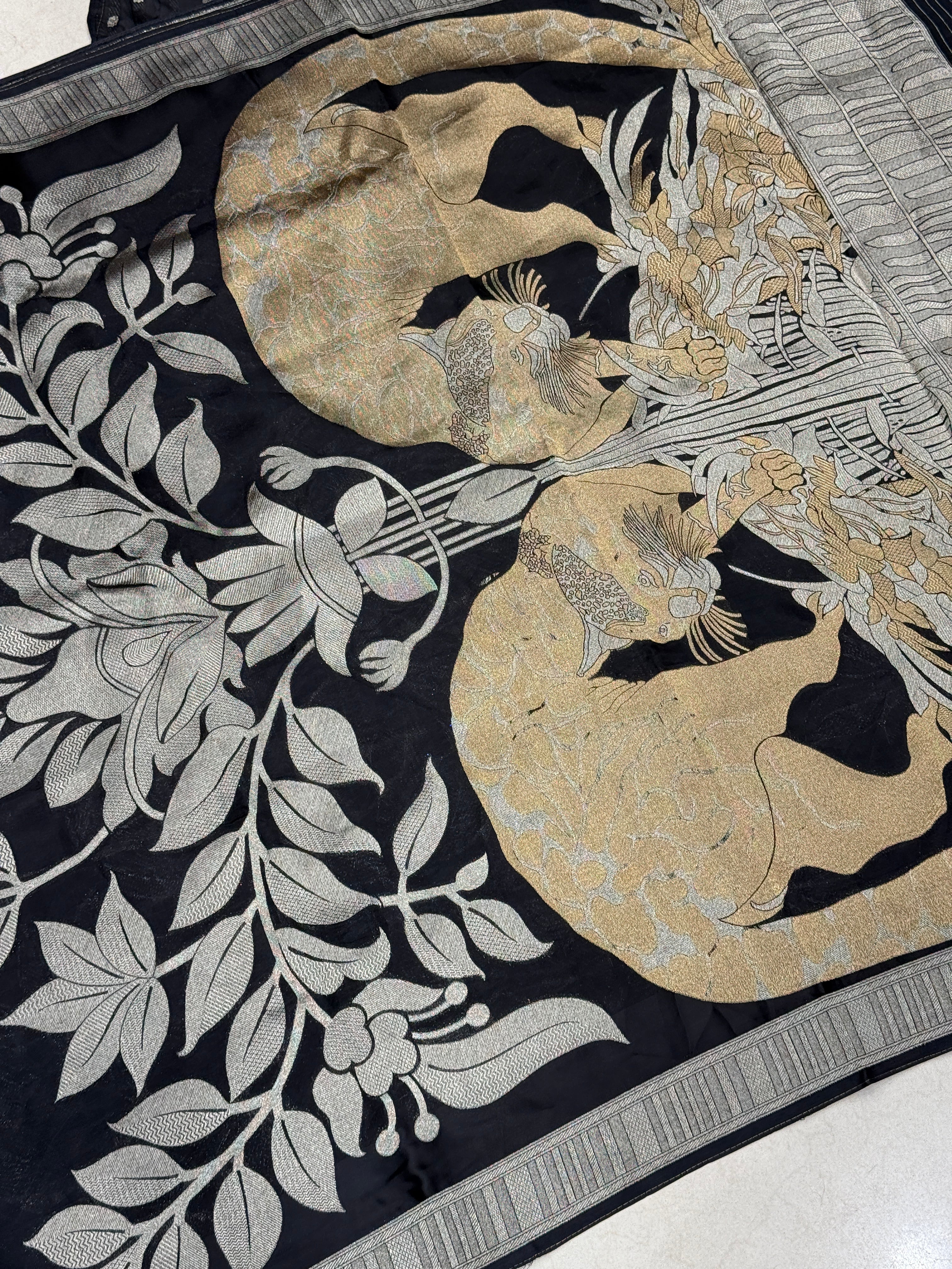 Black Contemporary Banarasi Munga Silk Mountain Lion Pallu Saree