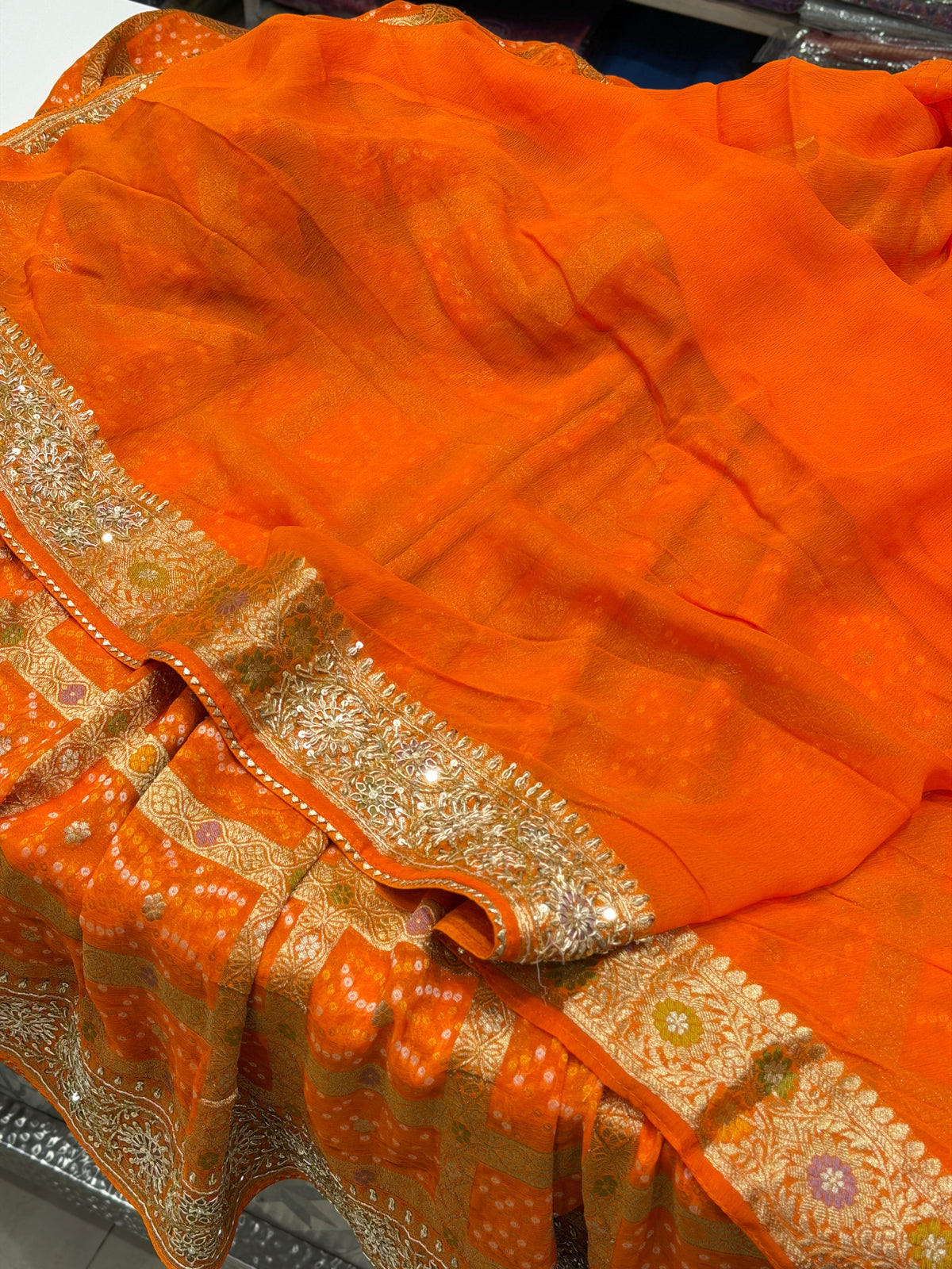 Orange Woven Bandhej Gharchola Hand Embroidery Zardosi Saree