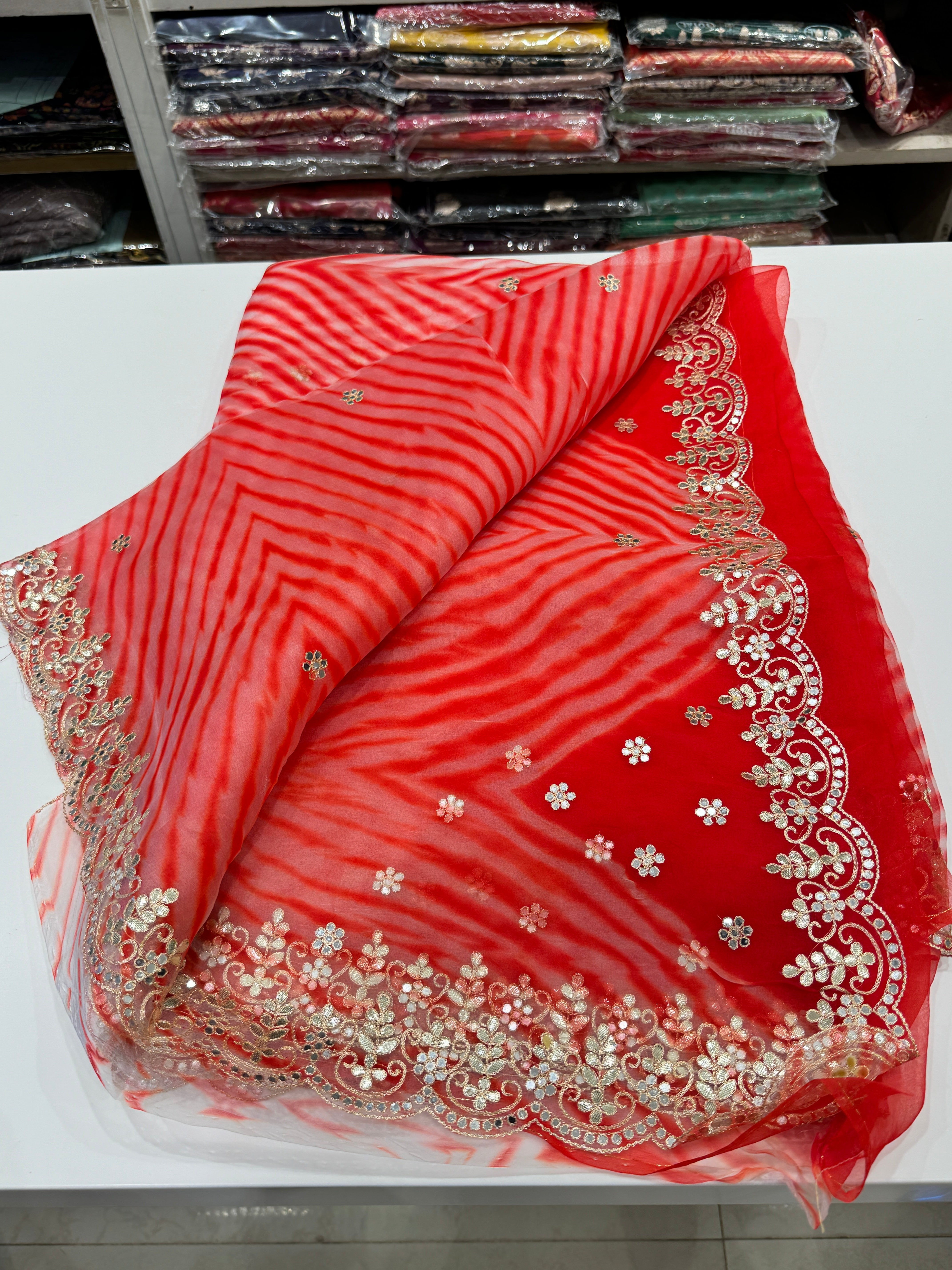 Orangish Red Organza Leheriya Saree