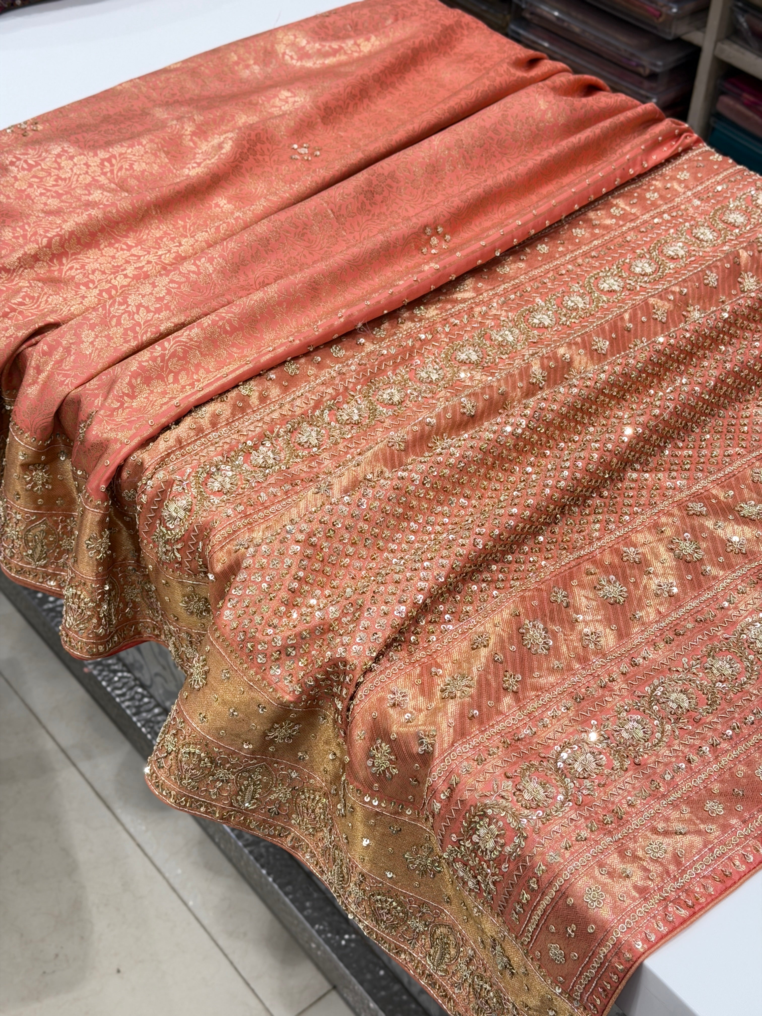 Pastel Peachish Pink Kanjivaram Zardosi Hand Embroidery Saree
