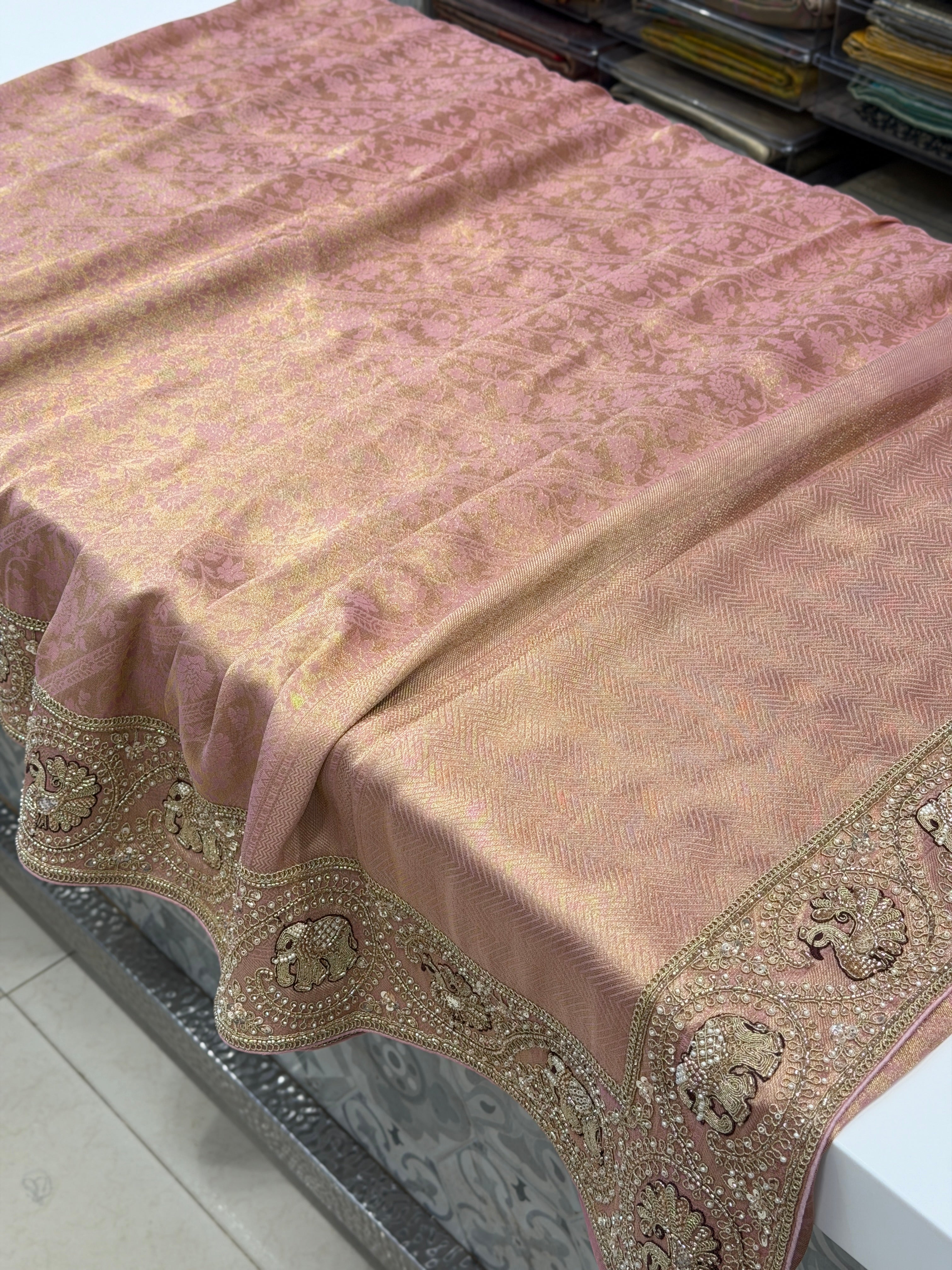 Light Pink Banarasi Crepe Tissue Elephant Motif Embroidery Saree