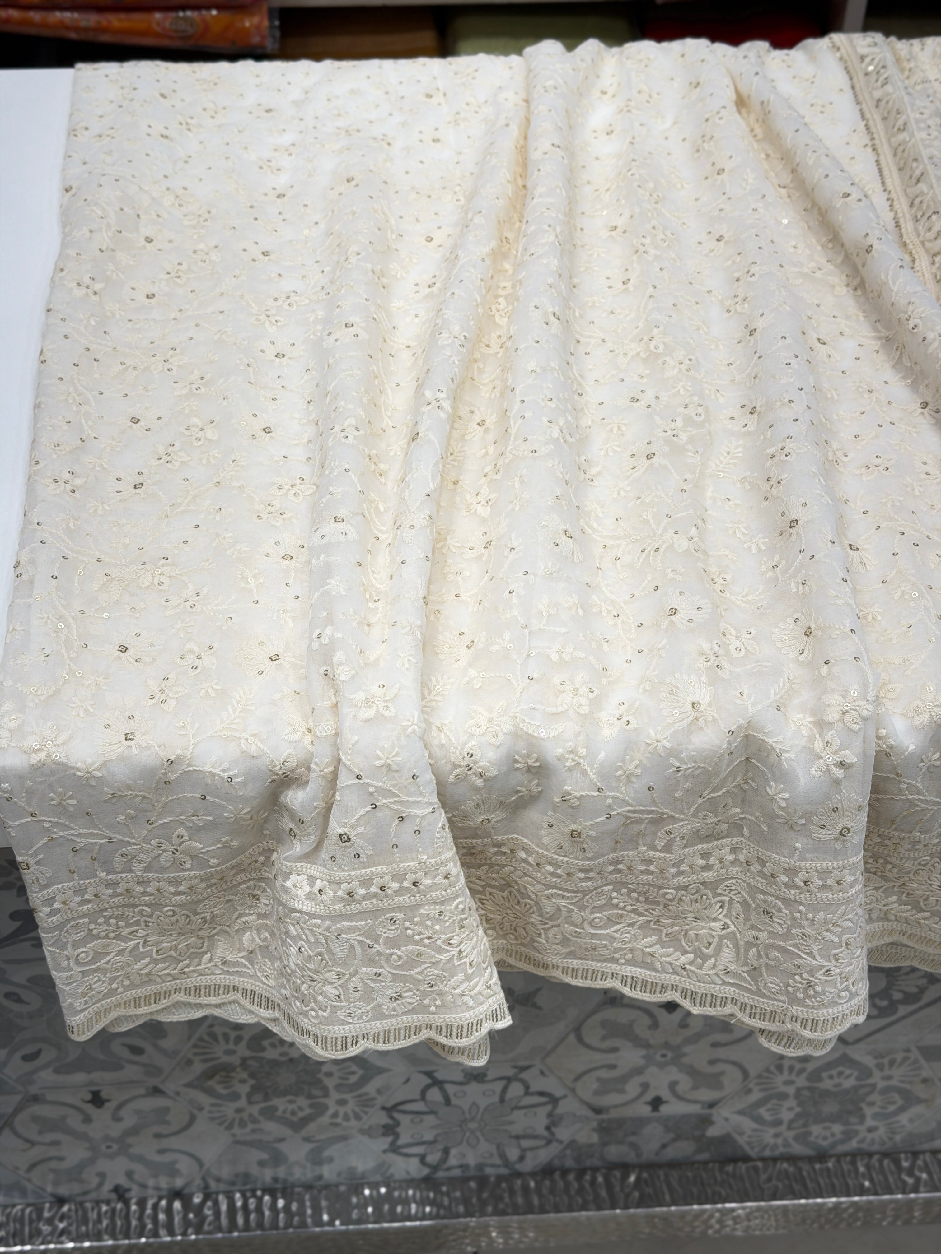 White Chikankari Embroidery Sikka Georgette Saree