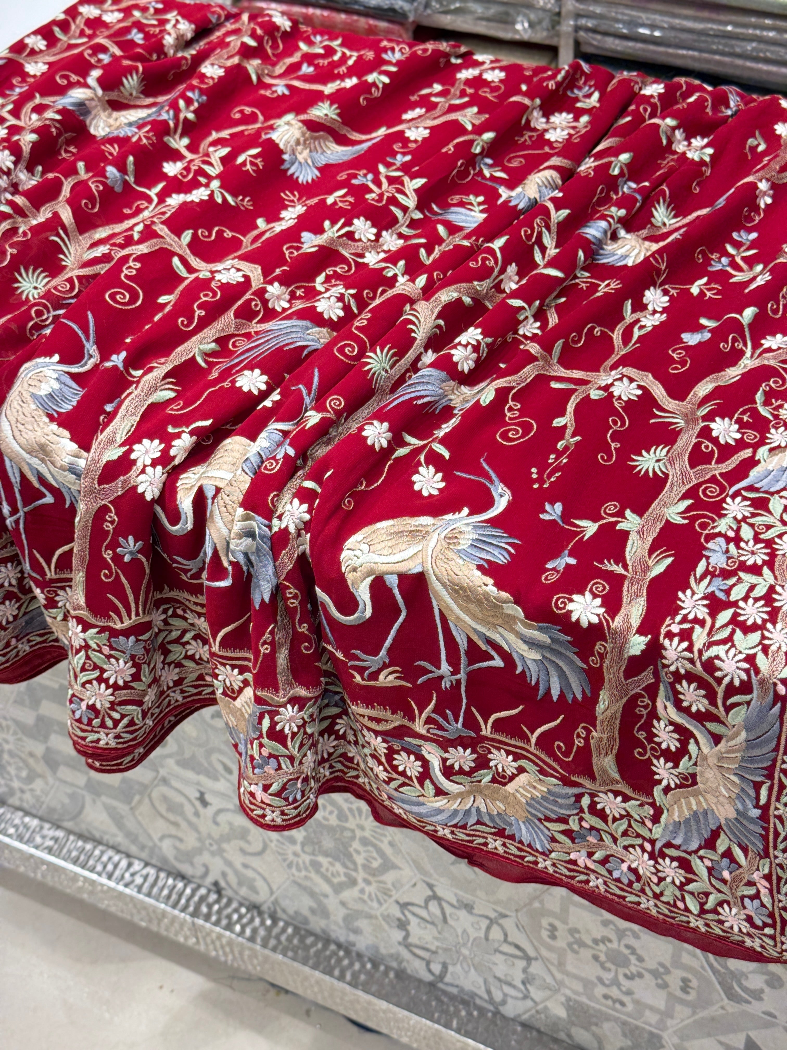 Red Tree Of Life Flamingo Parsi Gara Saree