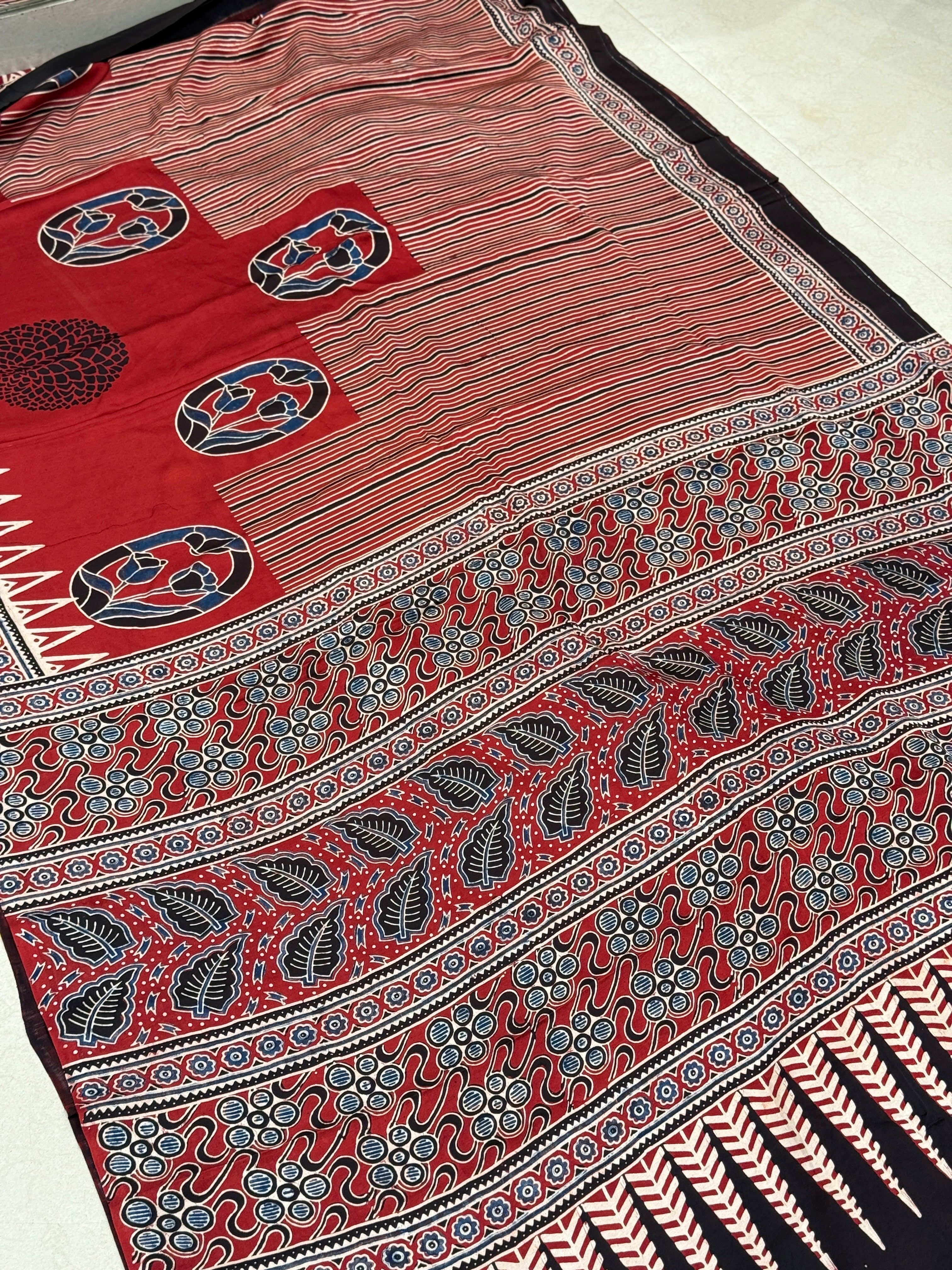 Red Line Roses Butta Contemporary Modal Gajji Silk Ajrakh Saree
