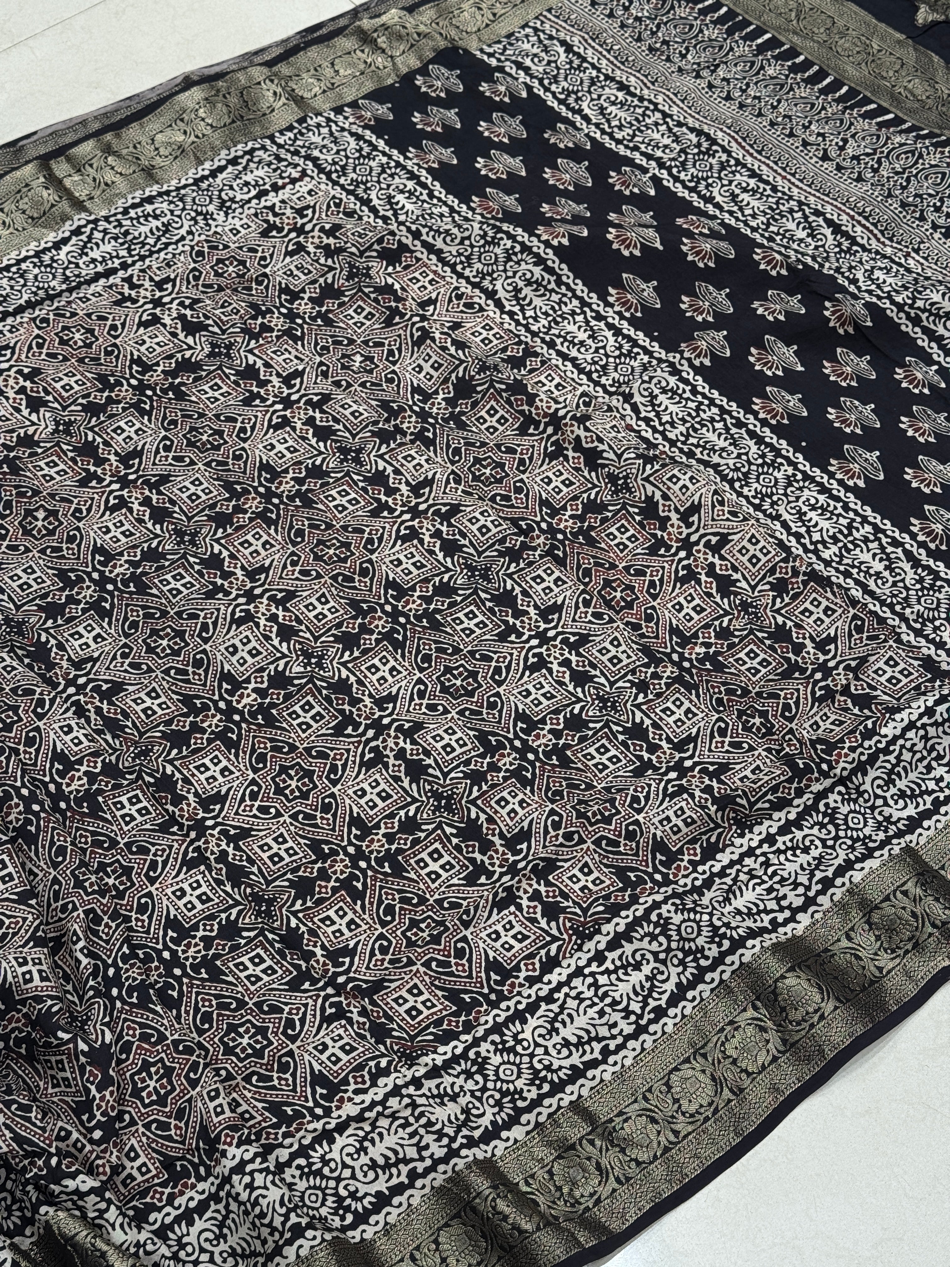 Black Ajrakh Border Pallu Weaved Hand Block Print Saree