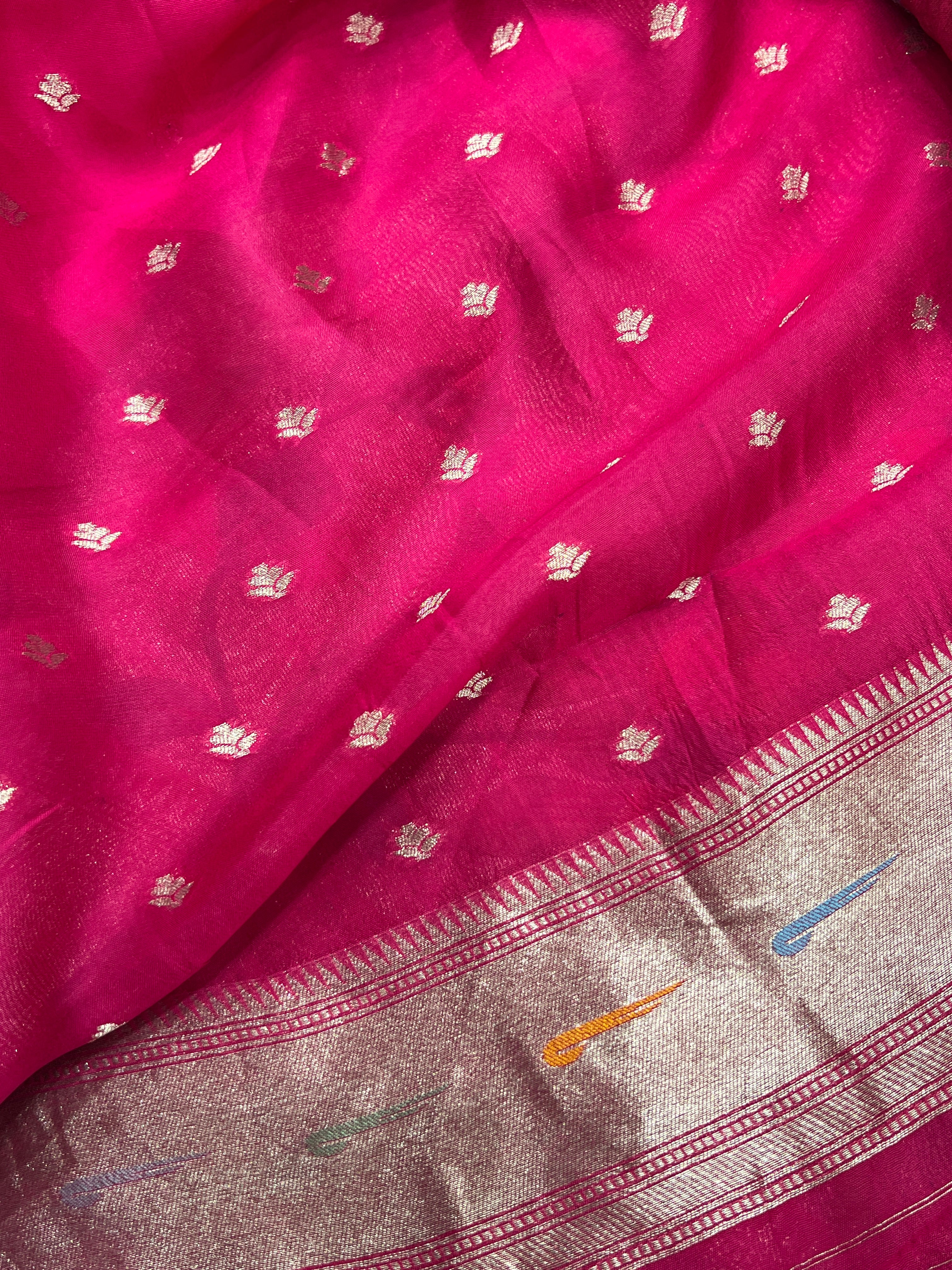 Rani Pink Silver Meenakari Muniya Tissue Munga Banarasi Paithani Saree