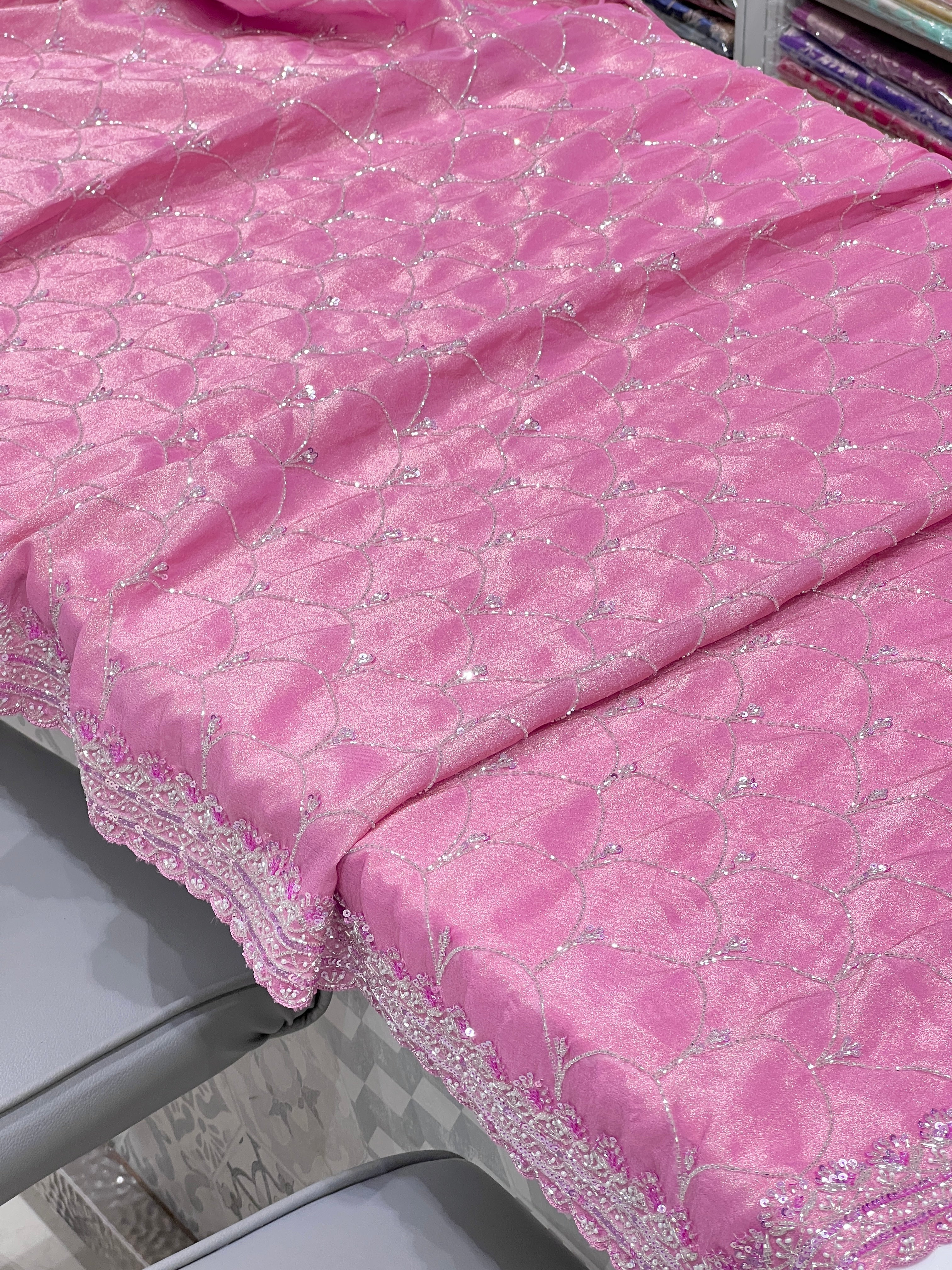 Baby Pink Tissue Crepe Hand Embroidery Saree