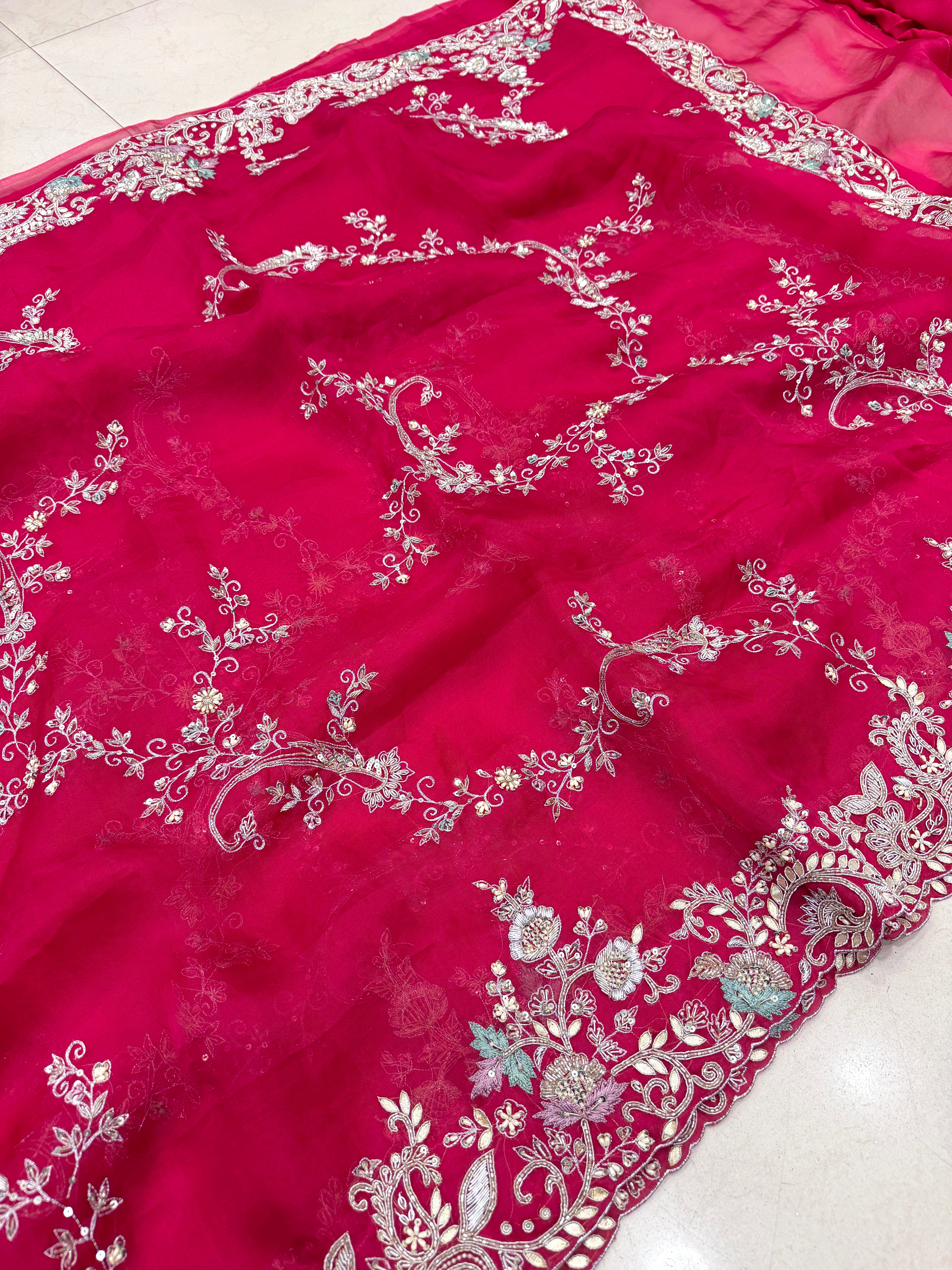 Rani Pink Organza Open Border Zardosi Hand Embroidery Saree