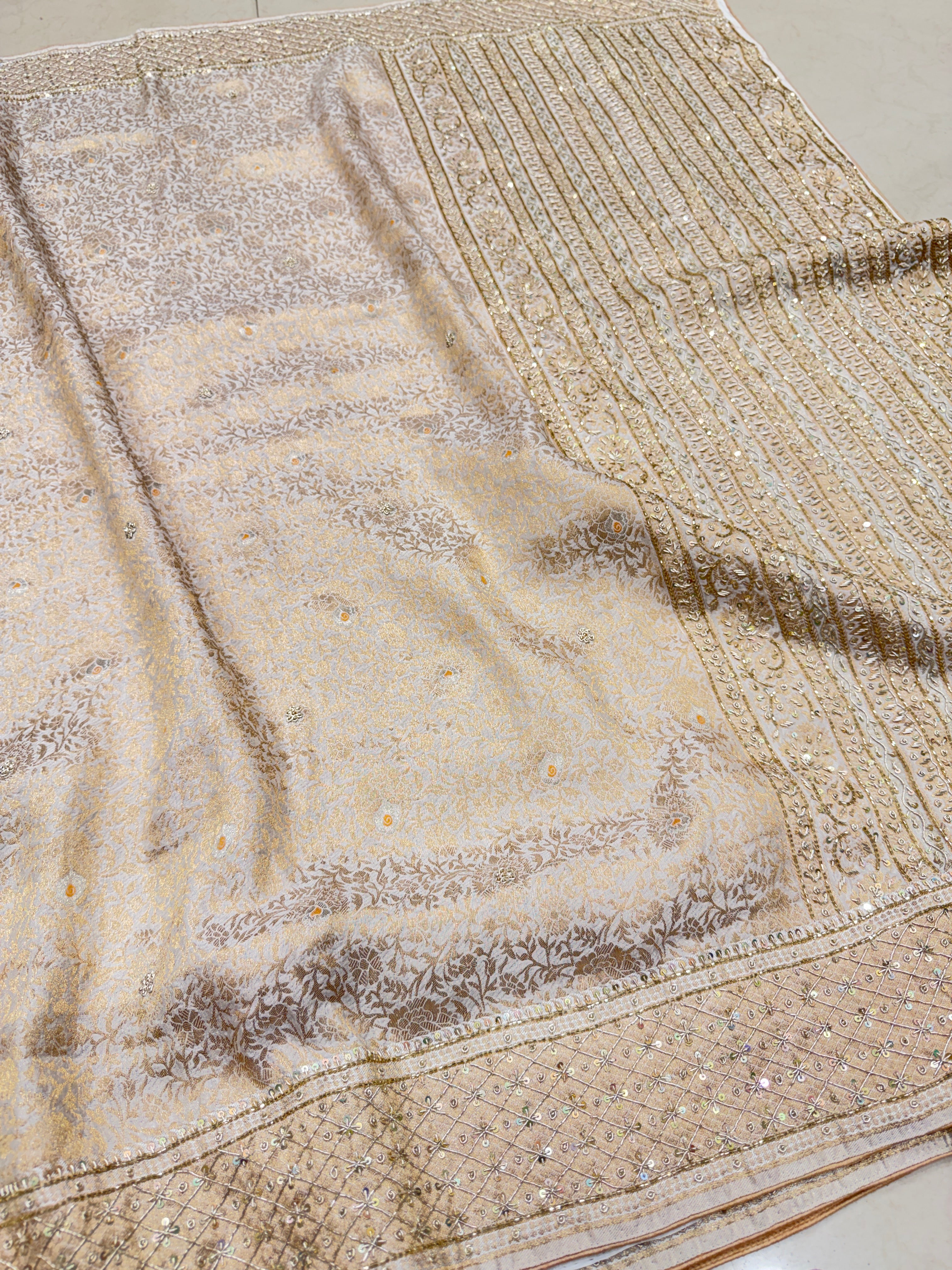 Beige Banarasi Crepe Tissue Zardosi Hand Embroidery Saree