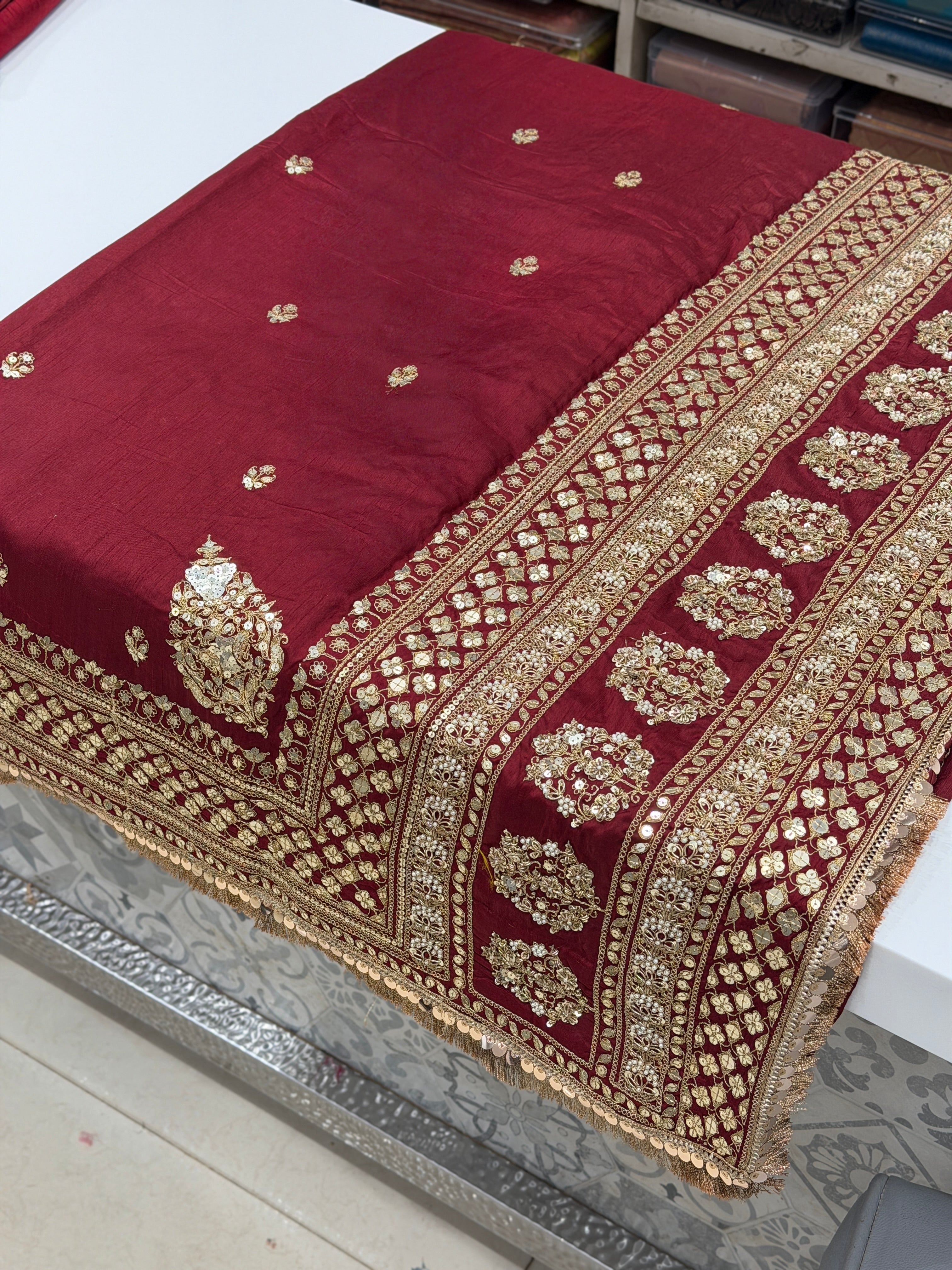 Maroon Marodi Embroidery Pure Silk Butti Saree