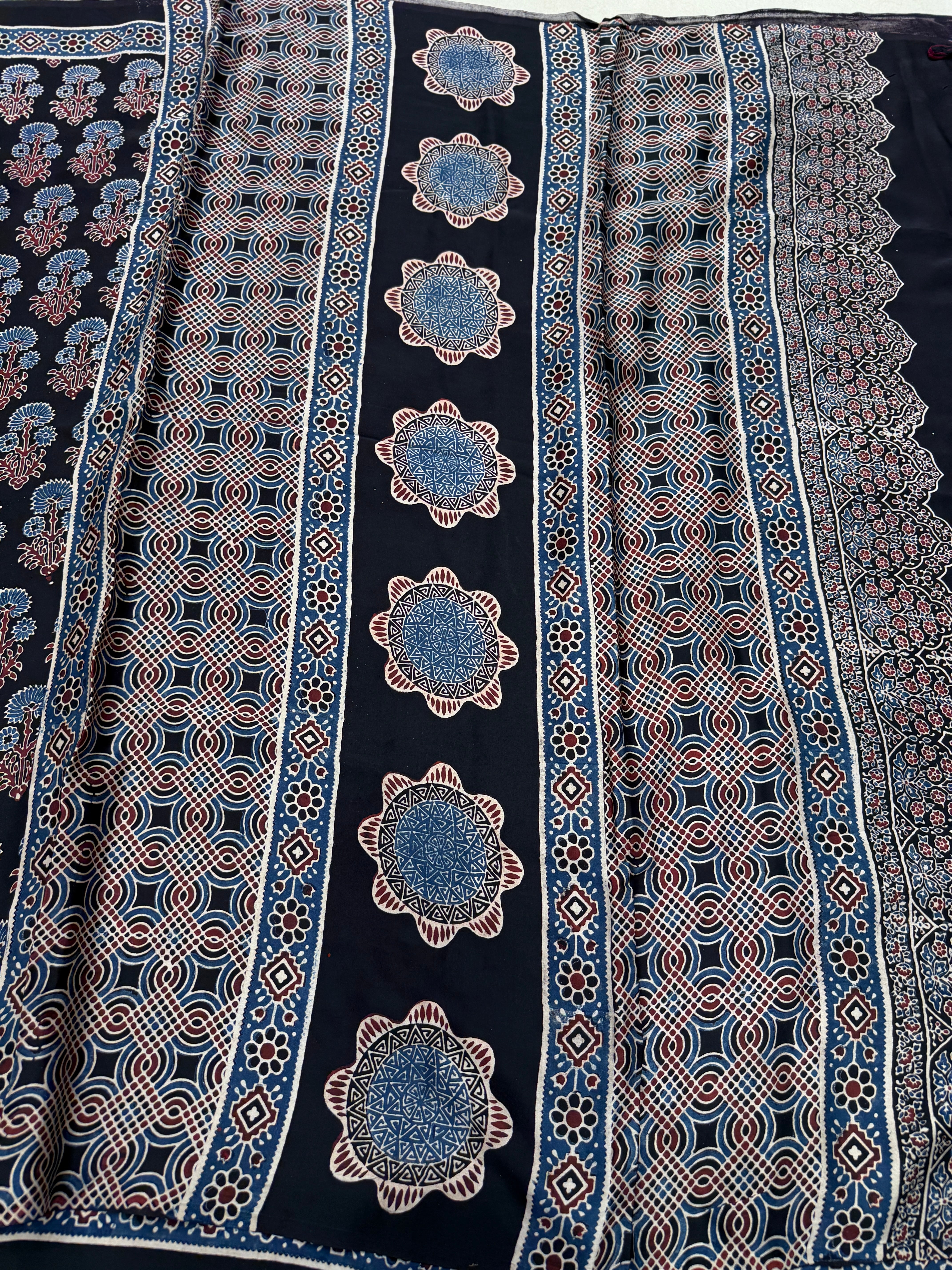 Black Floral Butta Ajrakh Hand Block Print Pure Gajji Silk Saree