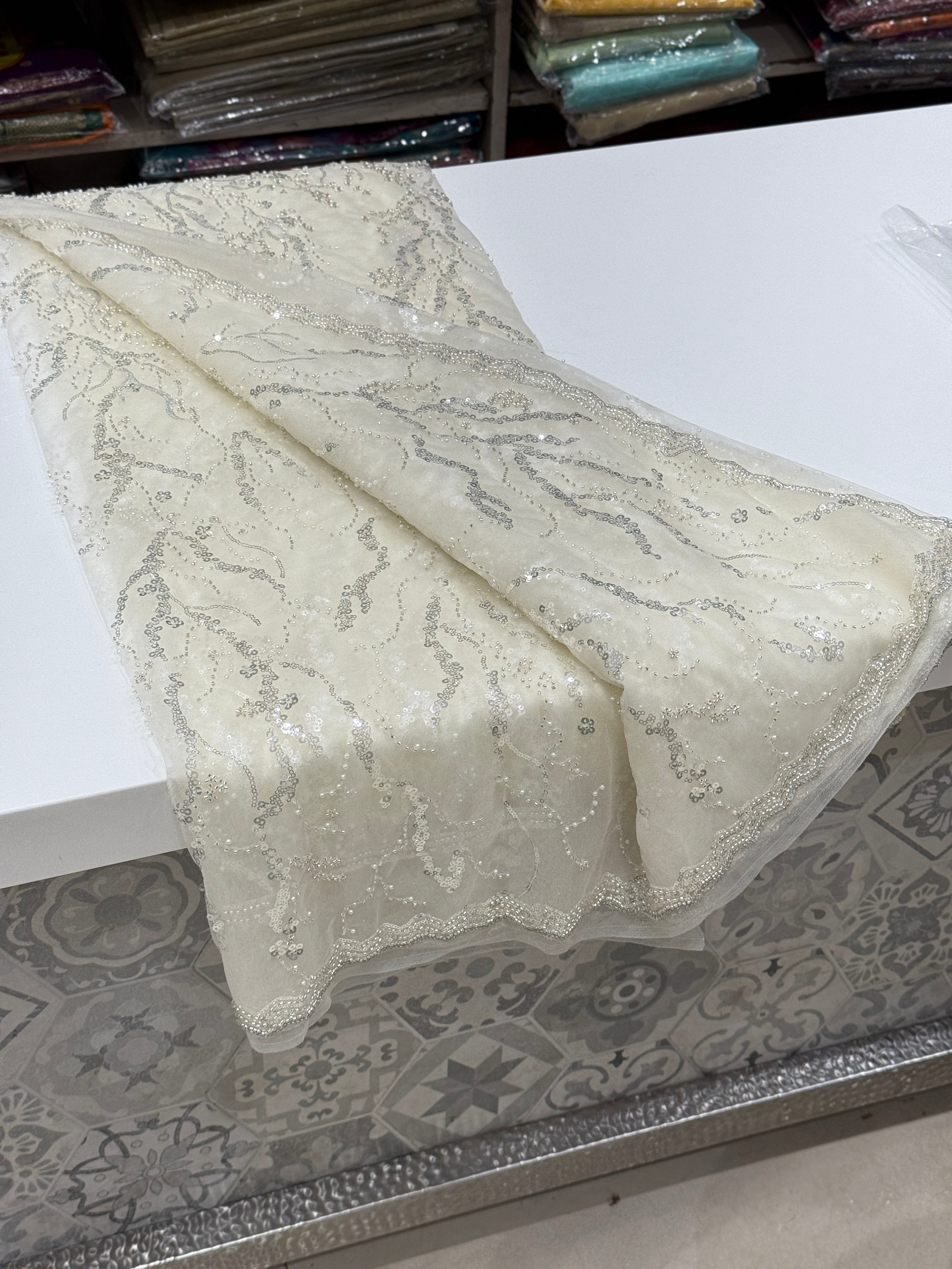White Net Sequin Saree