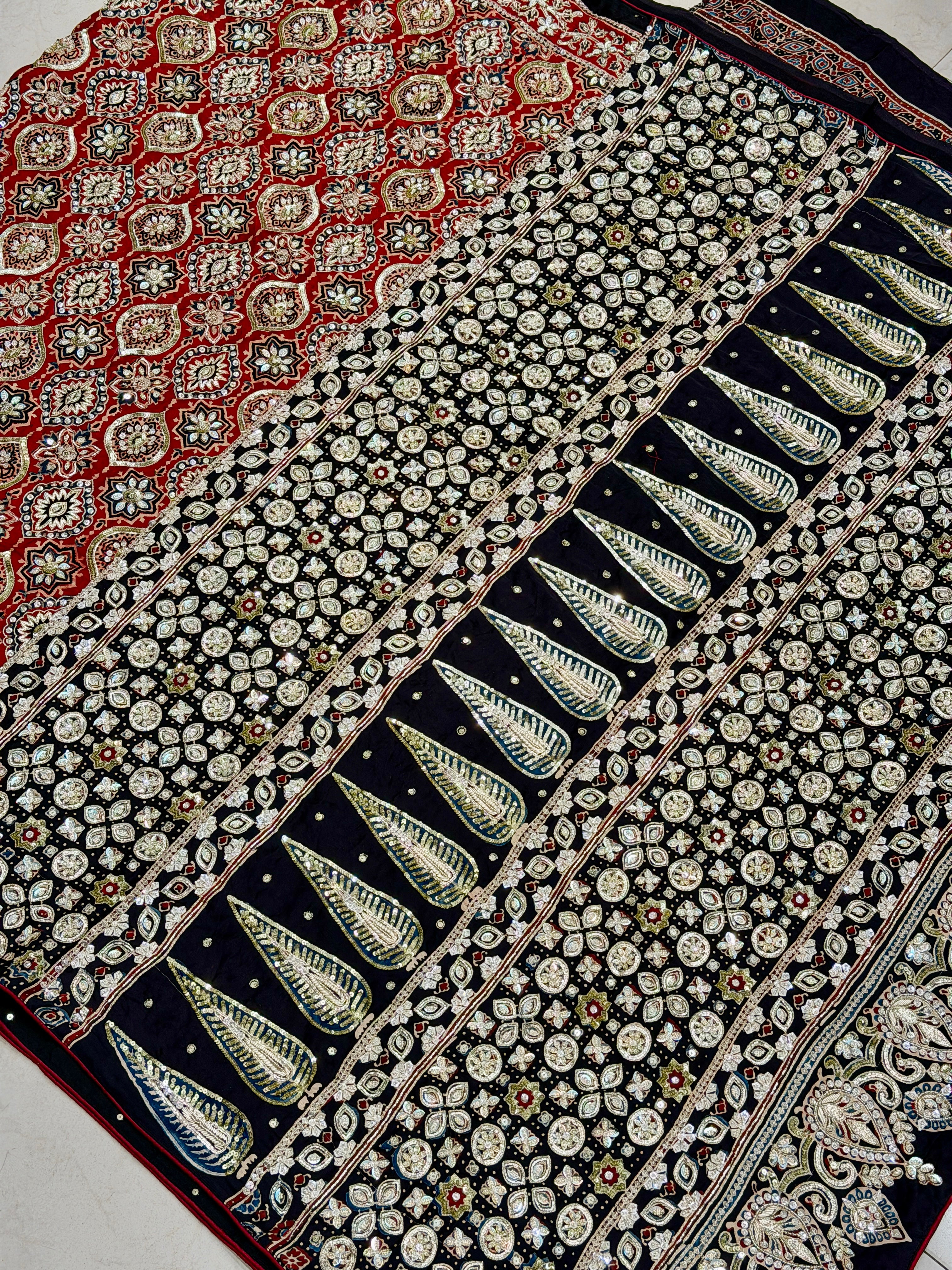 Red Black Badam Jaal French Knot Pita Zardosi Sequin Ajrakh Hand Embroidery Saree