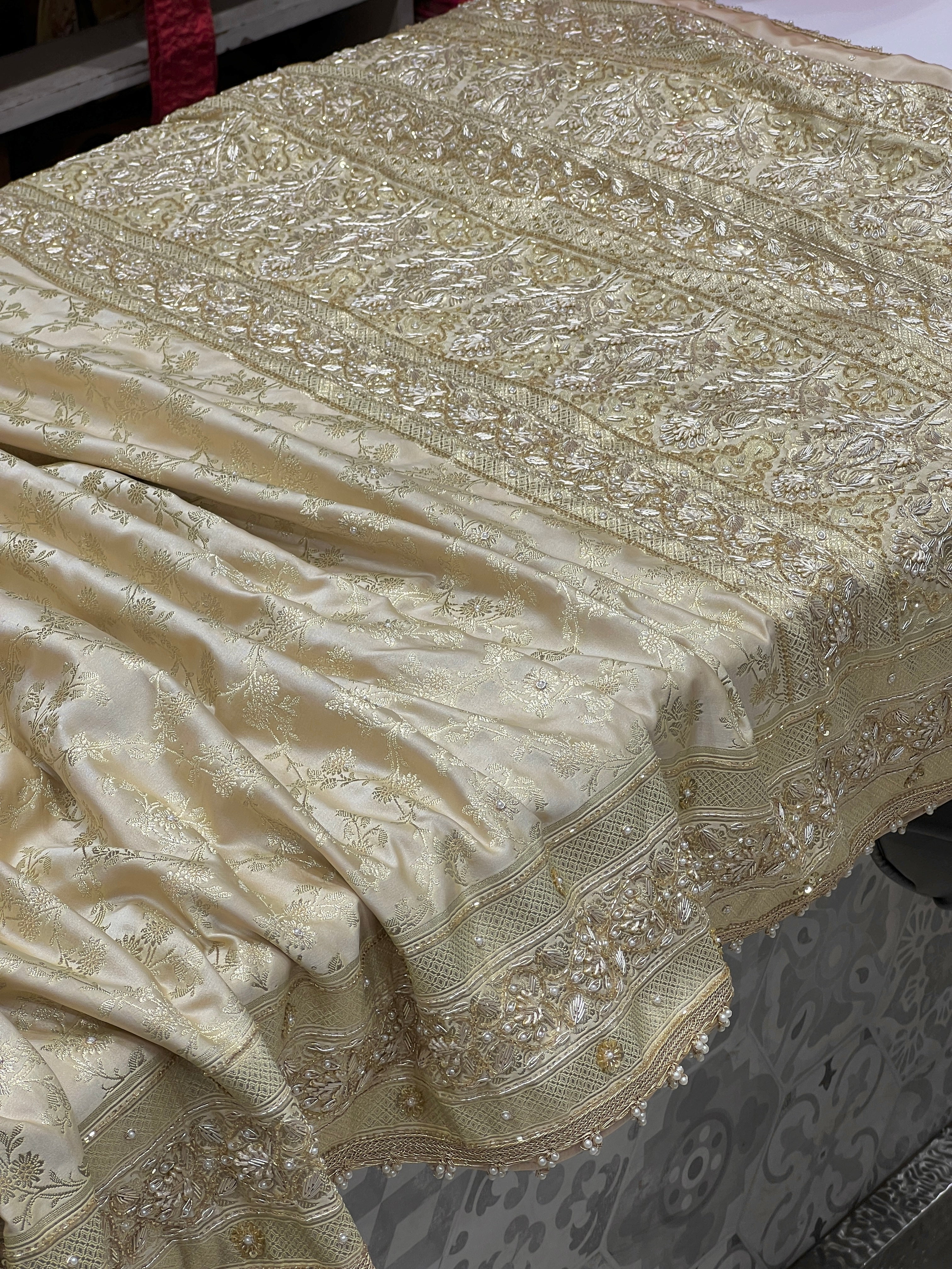 Beige Banarasi Silk Resham Hand Embroidery Saree