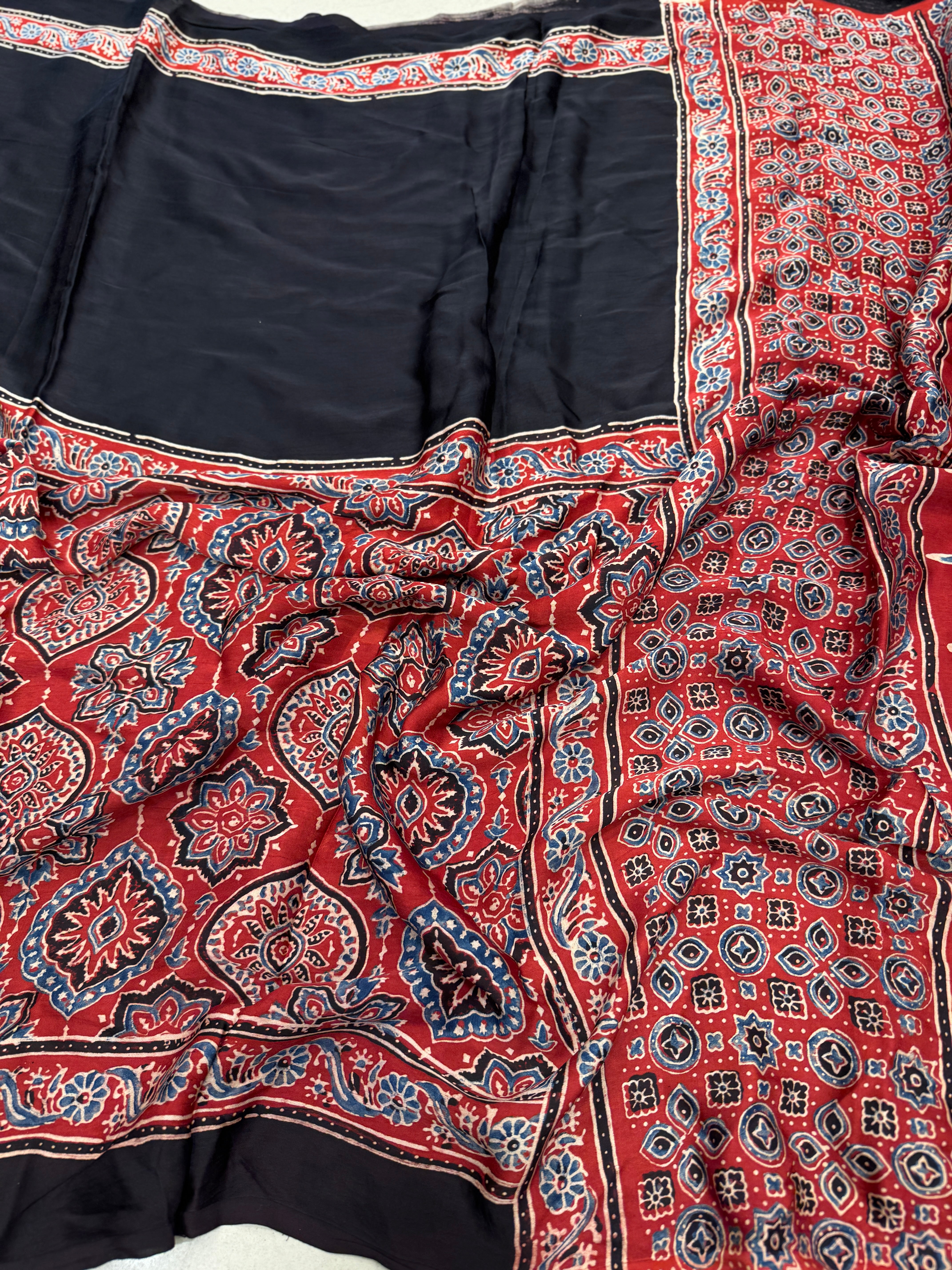 Red Half Contemporary Ajrakh Hand Block Print Pure Gajji Silk Saree