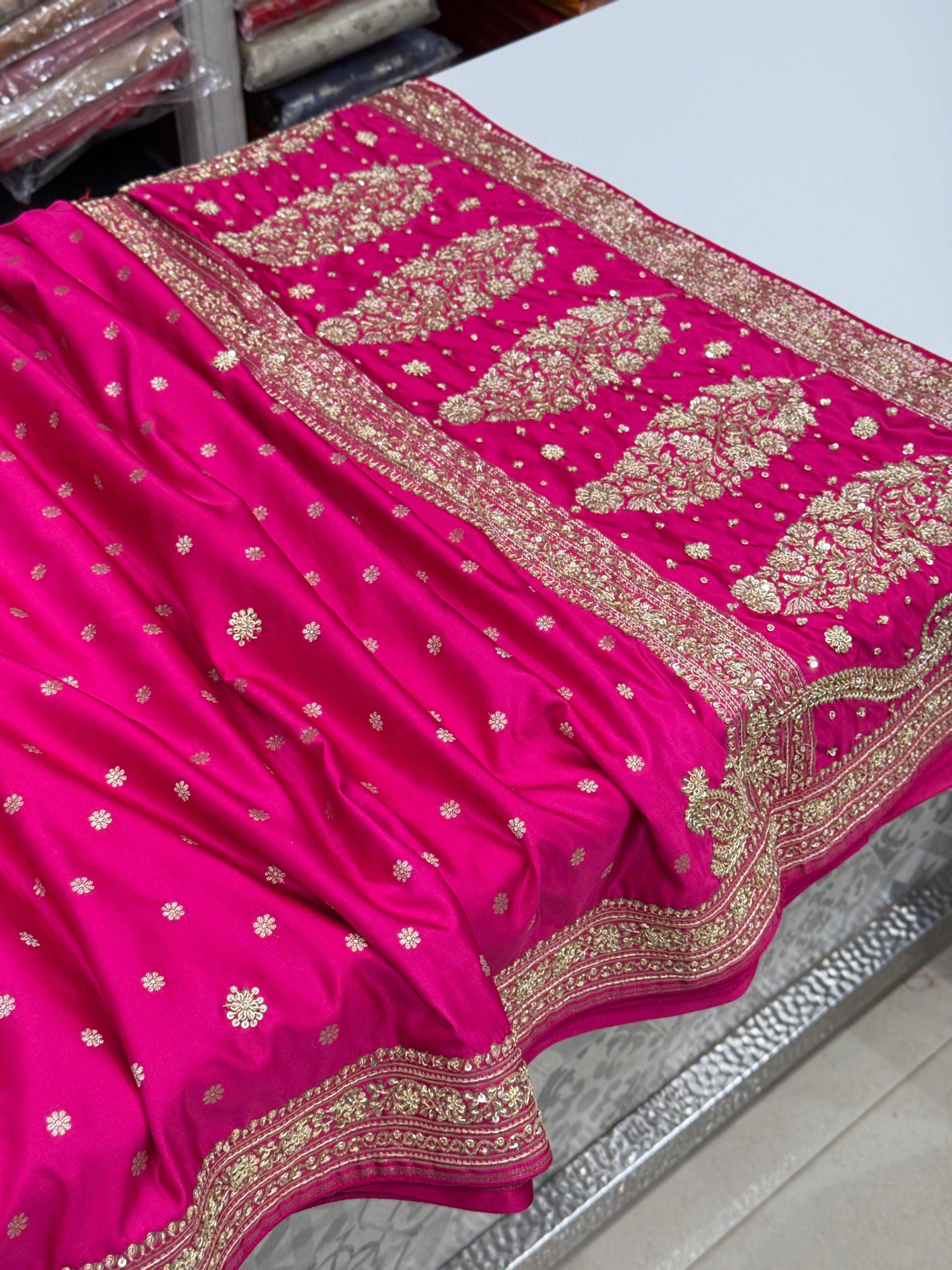 Rani Pink Banarasi Star Butti Hand Done Zardosi Saree